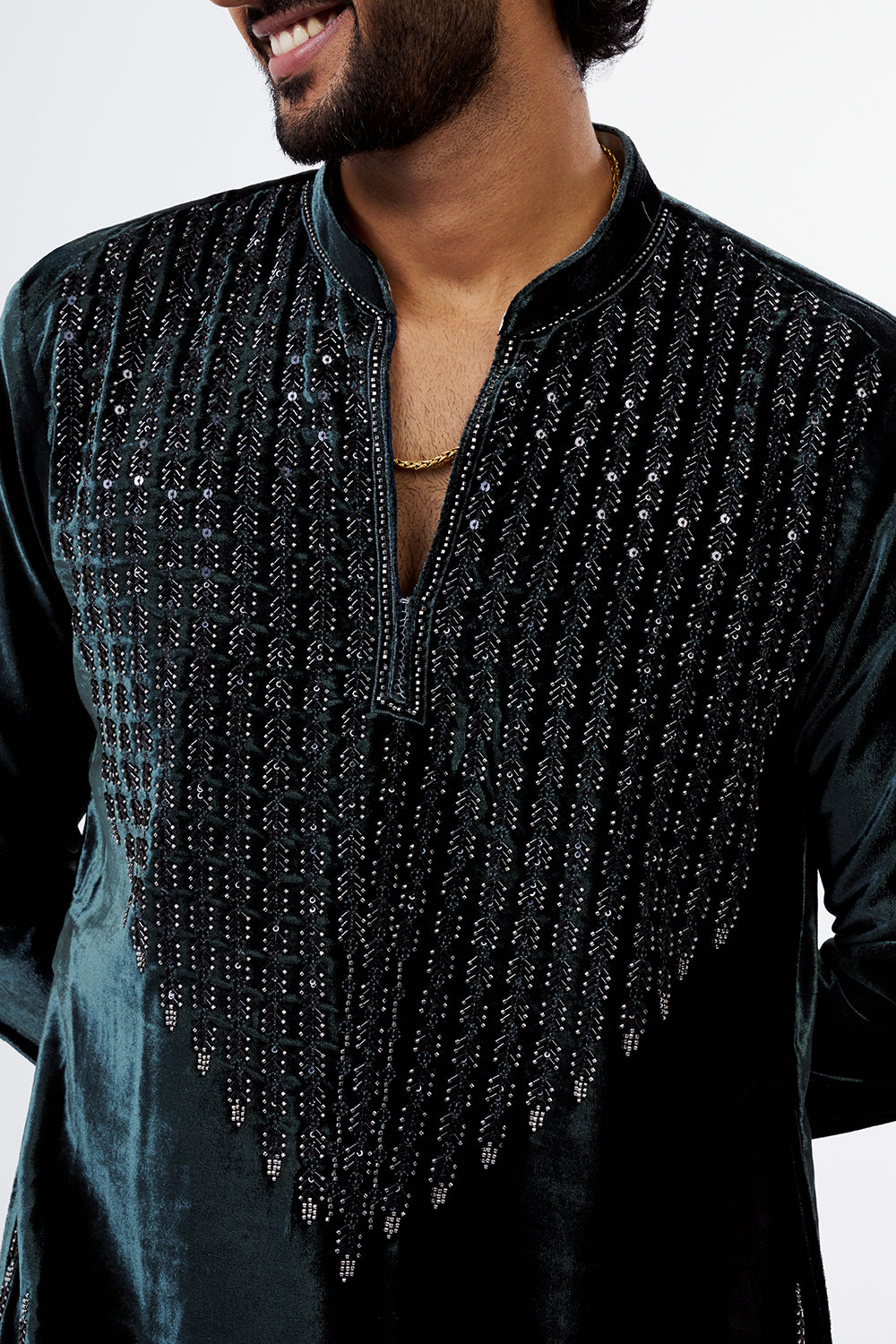 Teal Green Embroidered Velvet Men's Kurta Set