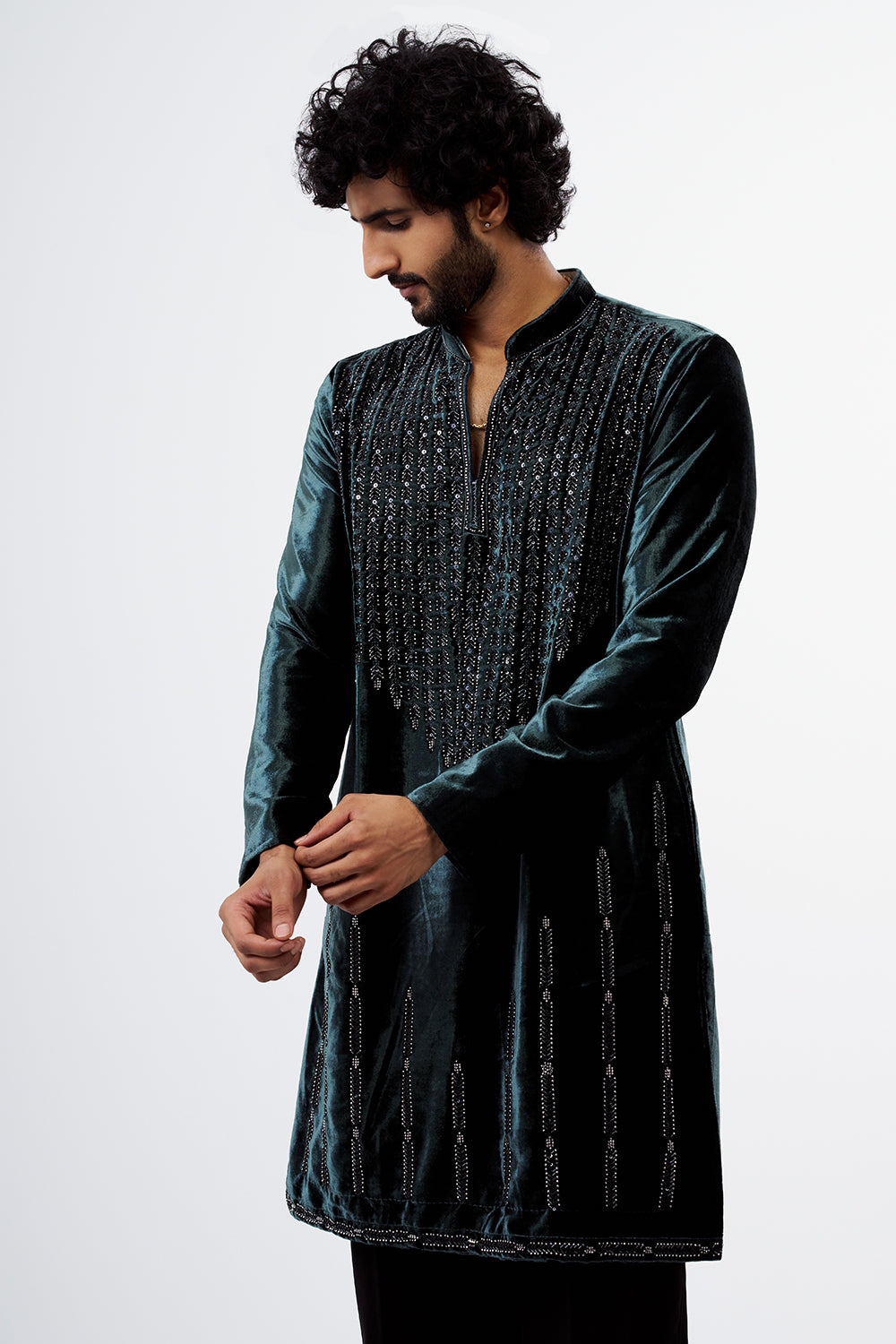 Teal Green Embroidered Velvet Men's Kurta Set