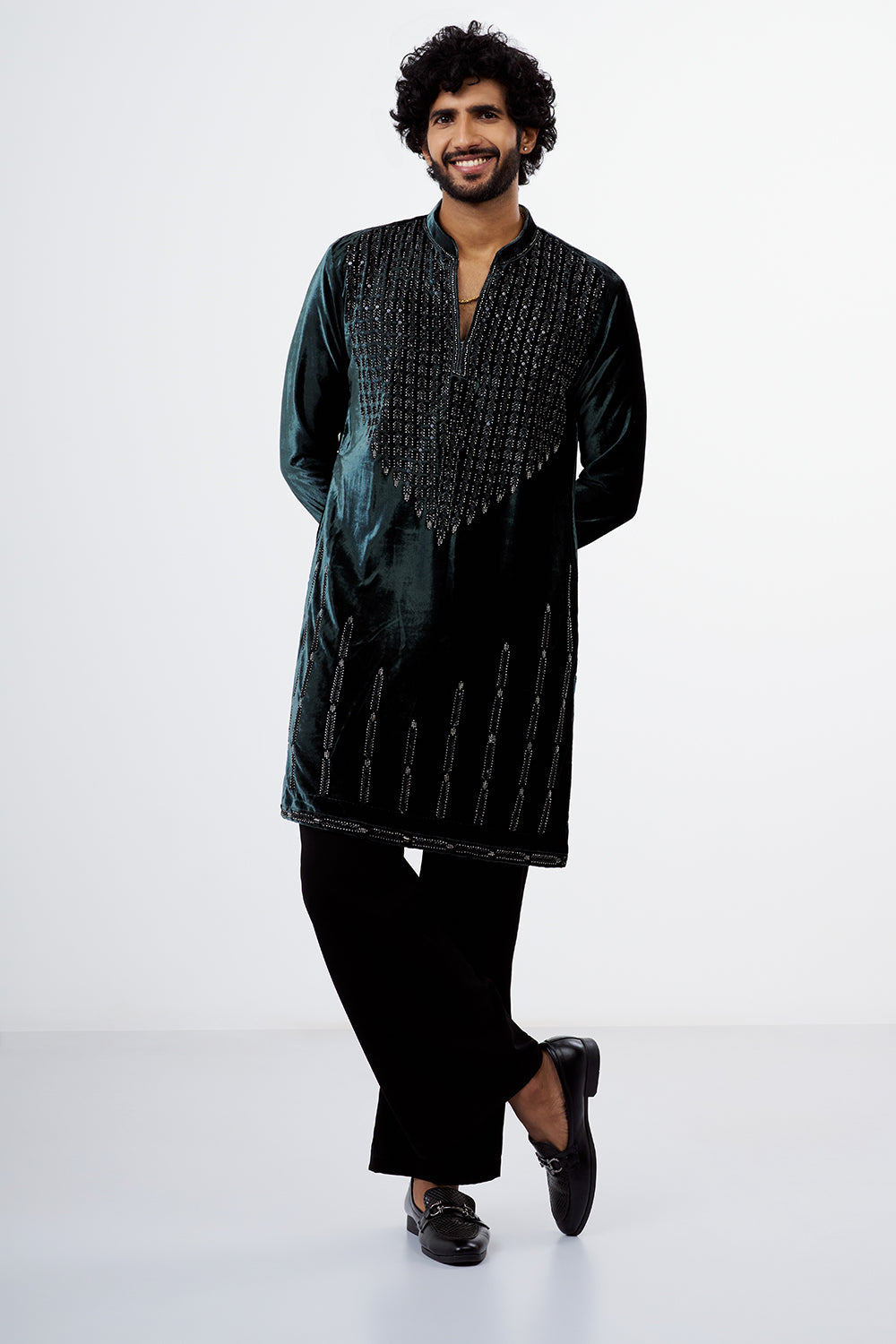 Teal Green Embroidered Velvet Men's Kurta Set