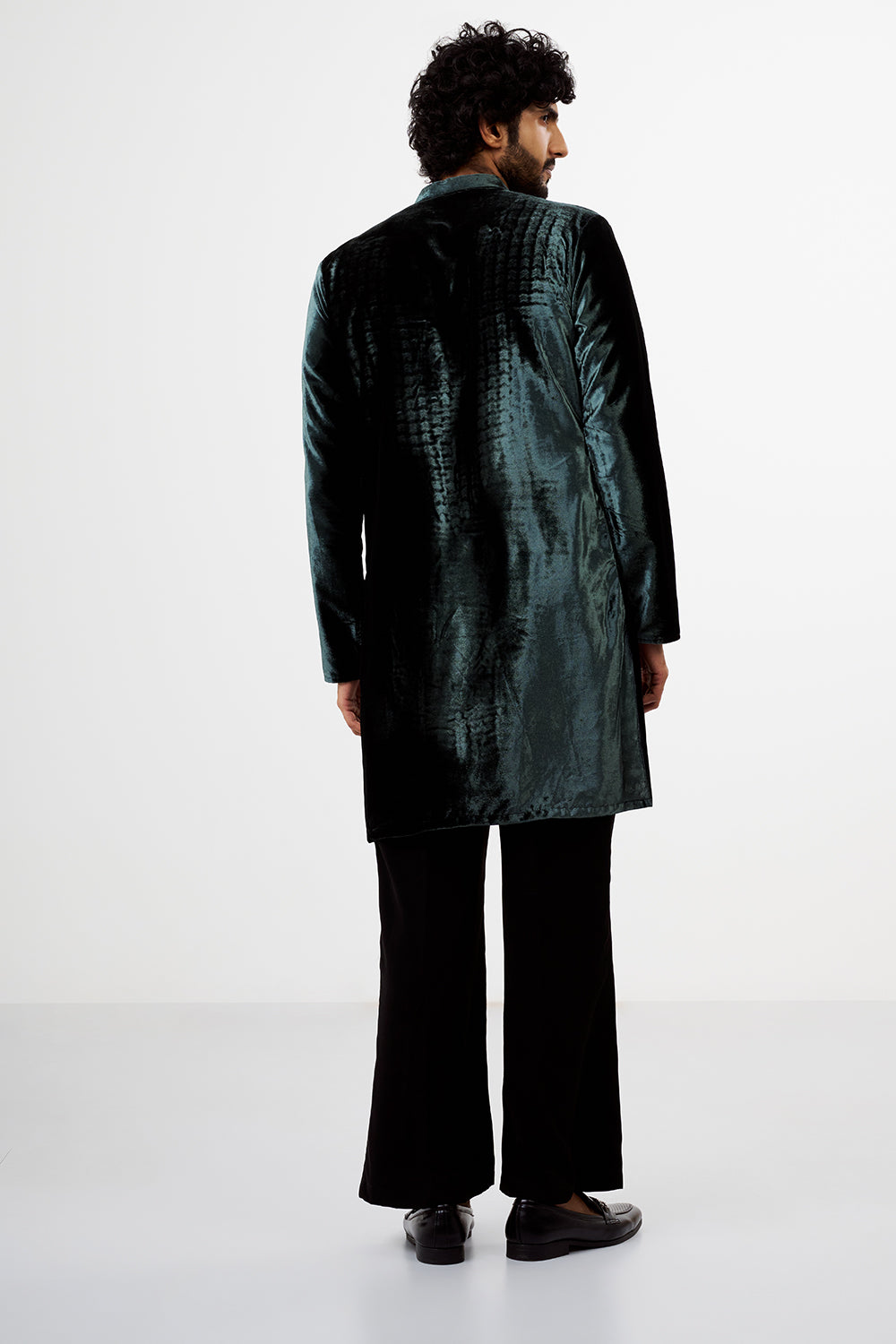 Teal Green Embroidered Velvet Men's Kurta Set