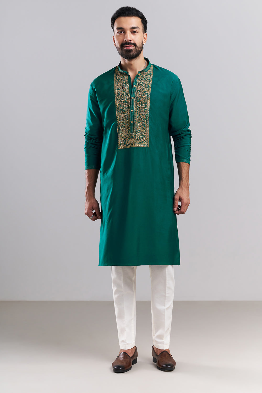 Teal Green Linen Satin Men's Kurta Set with Ornate Yoke