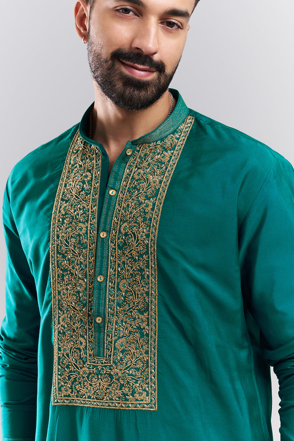 Teal Green Linen Satin Men's Kurta Set with Ornate Yoke