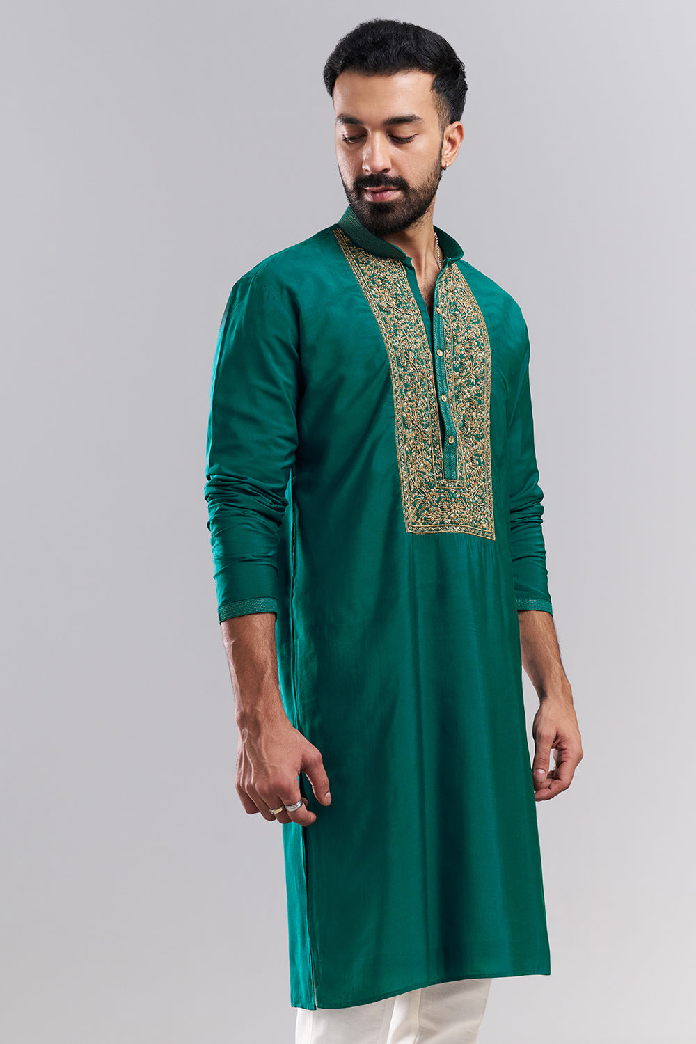 Teal Green Linen Satin Men's Kurta Set with Ornate Yoke
