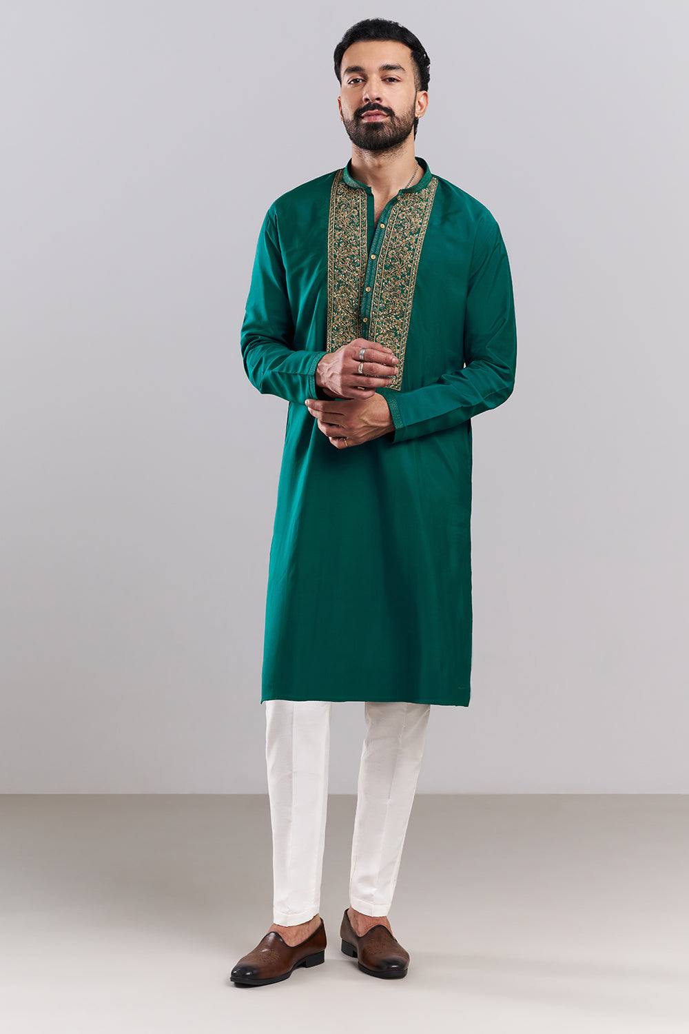 Teal Green Linen Satin Men's Kurta Set with Ornate Yoke
