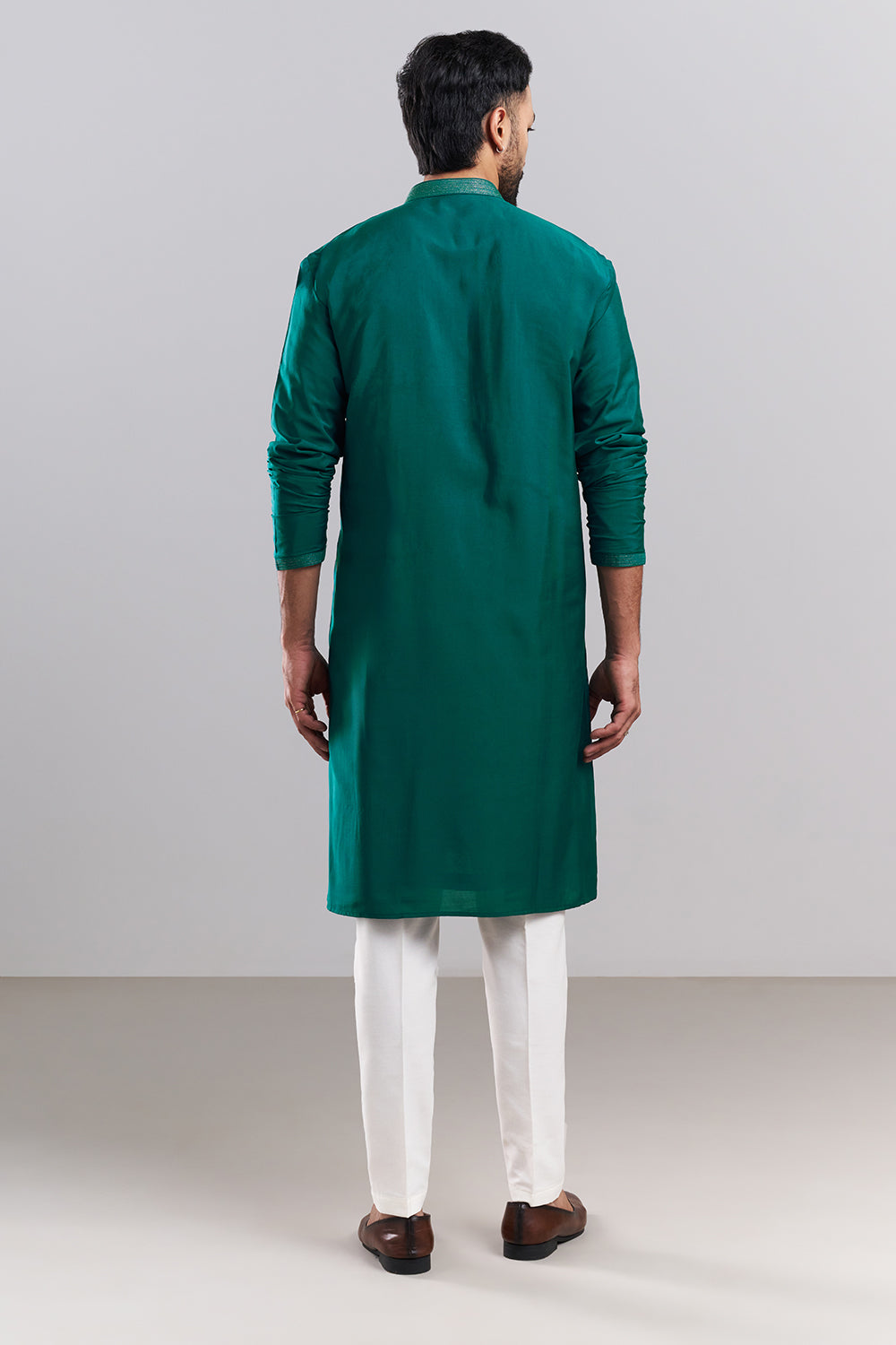 Teal Green Linen Satin Men's Kurta Set with Ornate Yoke