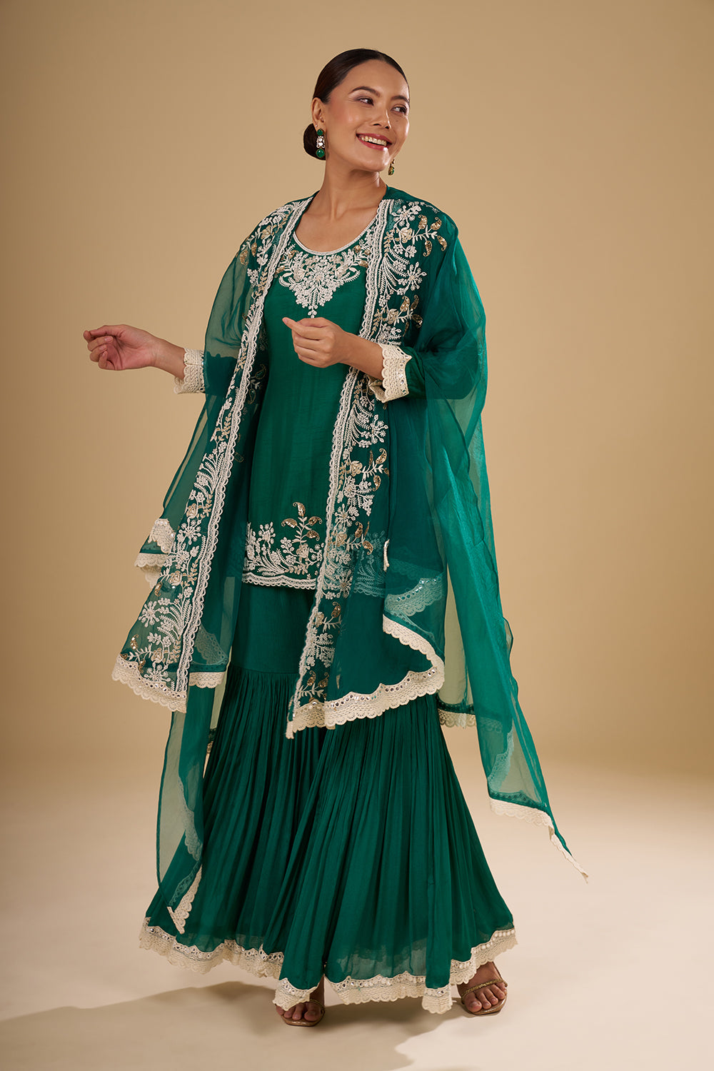 Teal Green Raw Silk Short Kurta with Chinon Garara and Embroidered Organza Cape