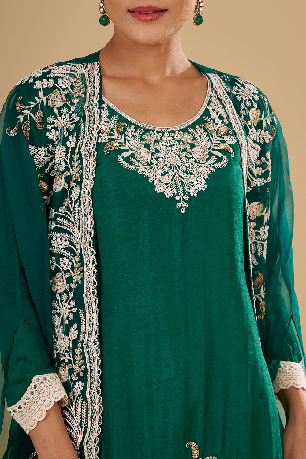 Teal Green Raw Silk Short Kurta with Chinon Garara and Embroidered Organza Cape