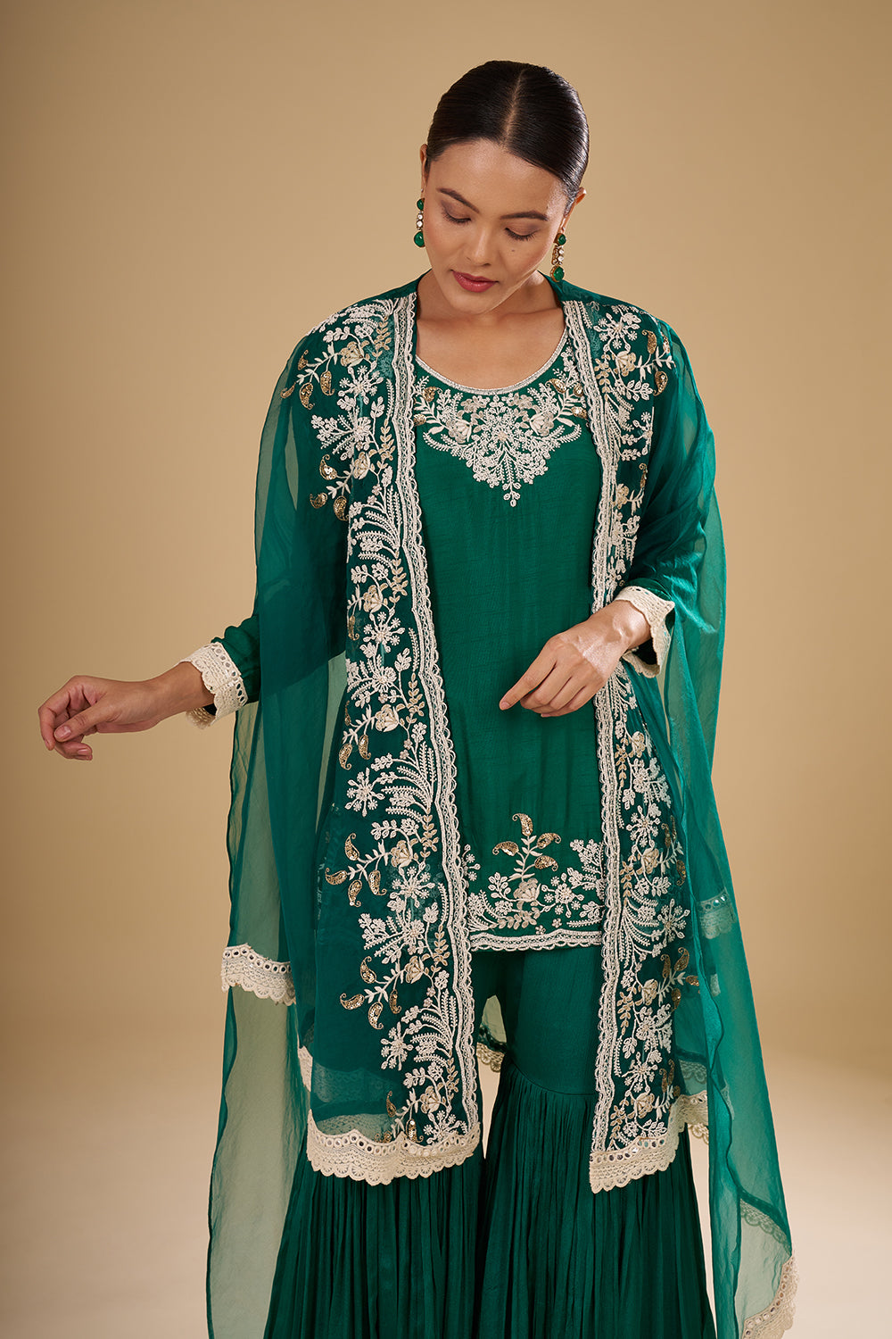 Teal Green Raw Silk Short Kurta with Chinon Garara and Embroidered Organza Cape
