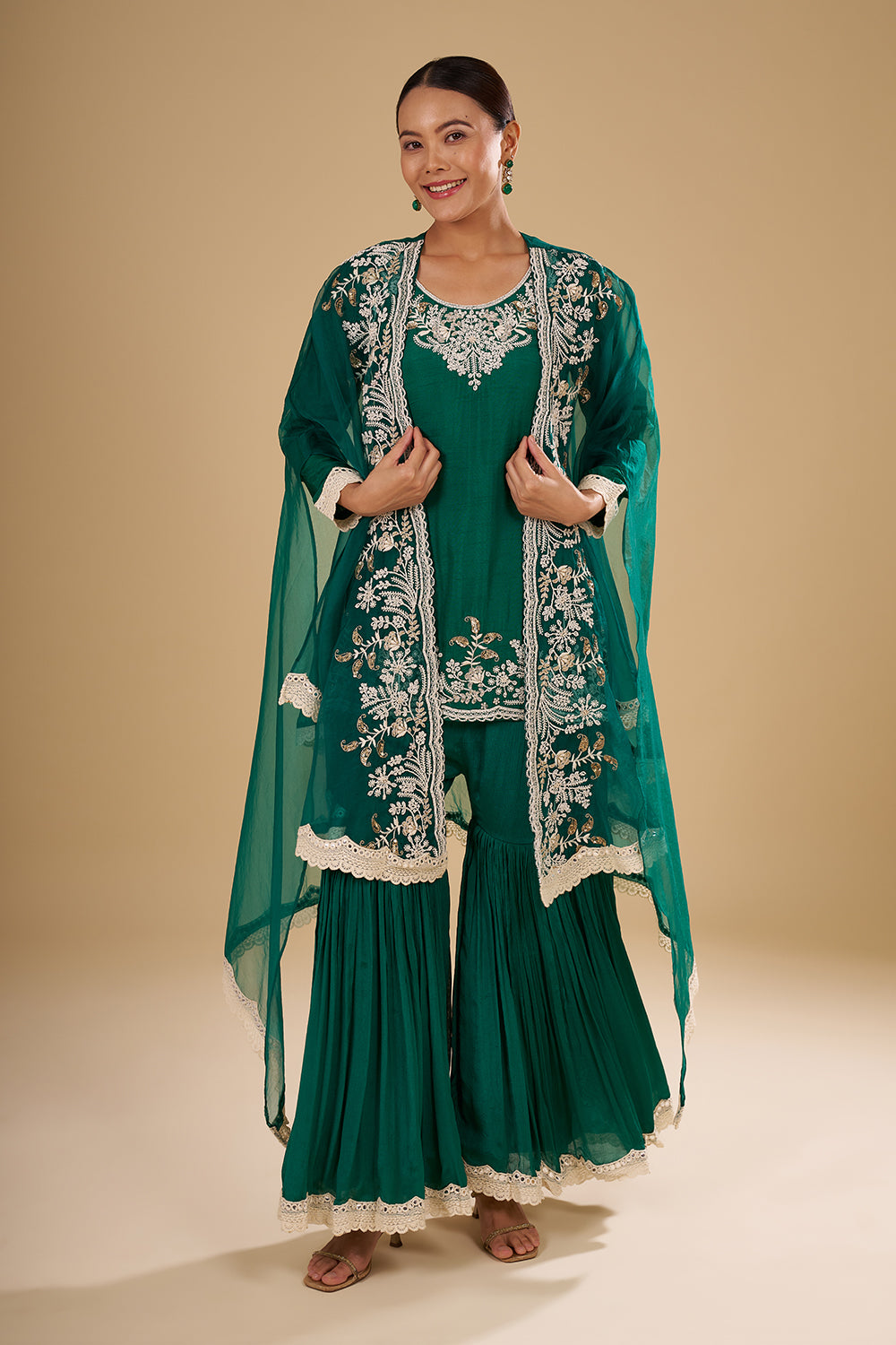 Teal Green Raw Silk Short Kurta with Chinon Garara and Embroidered Organza Cape
