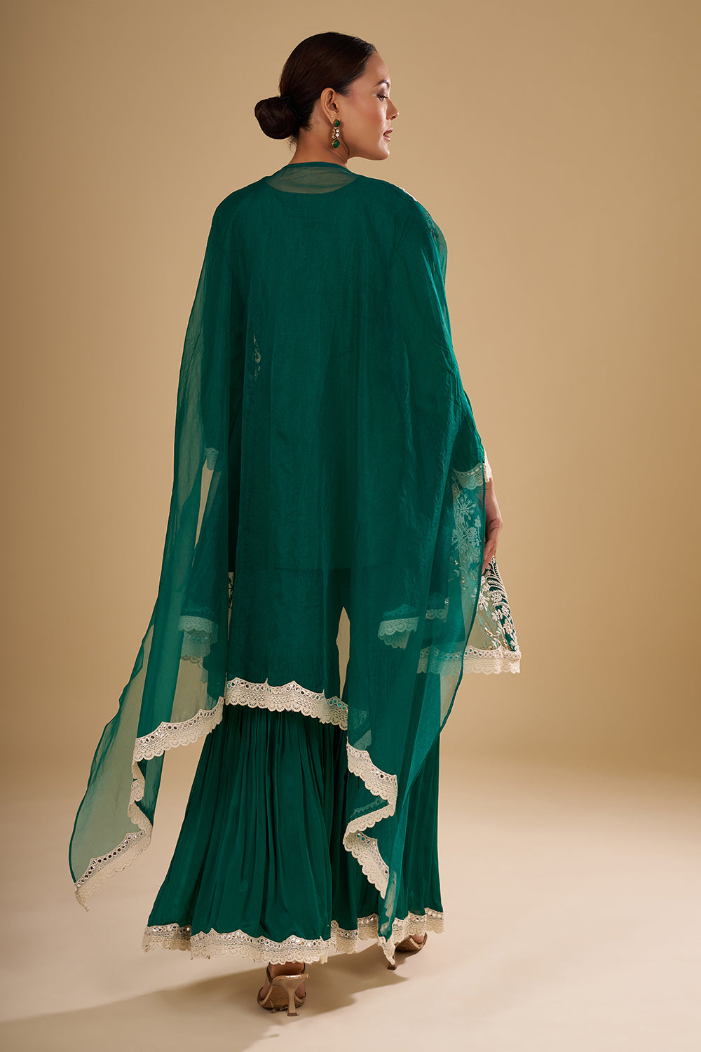 Teal Green Raw Silk Short Kurta with Chinon Garara and Embroidered Organza Cape