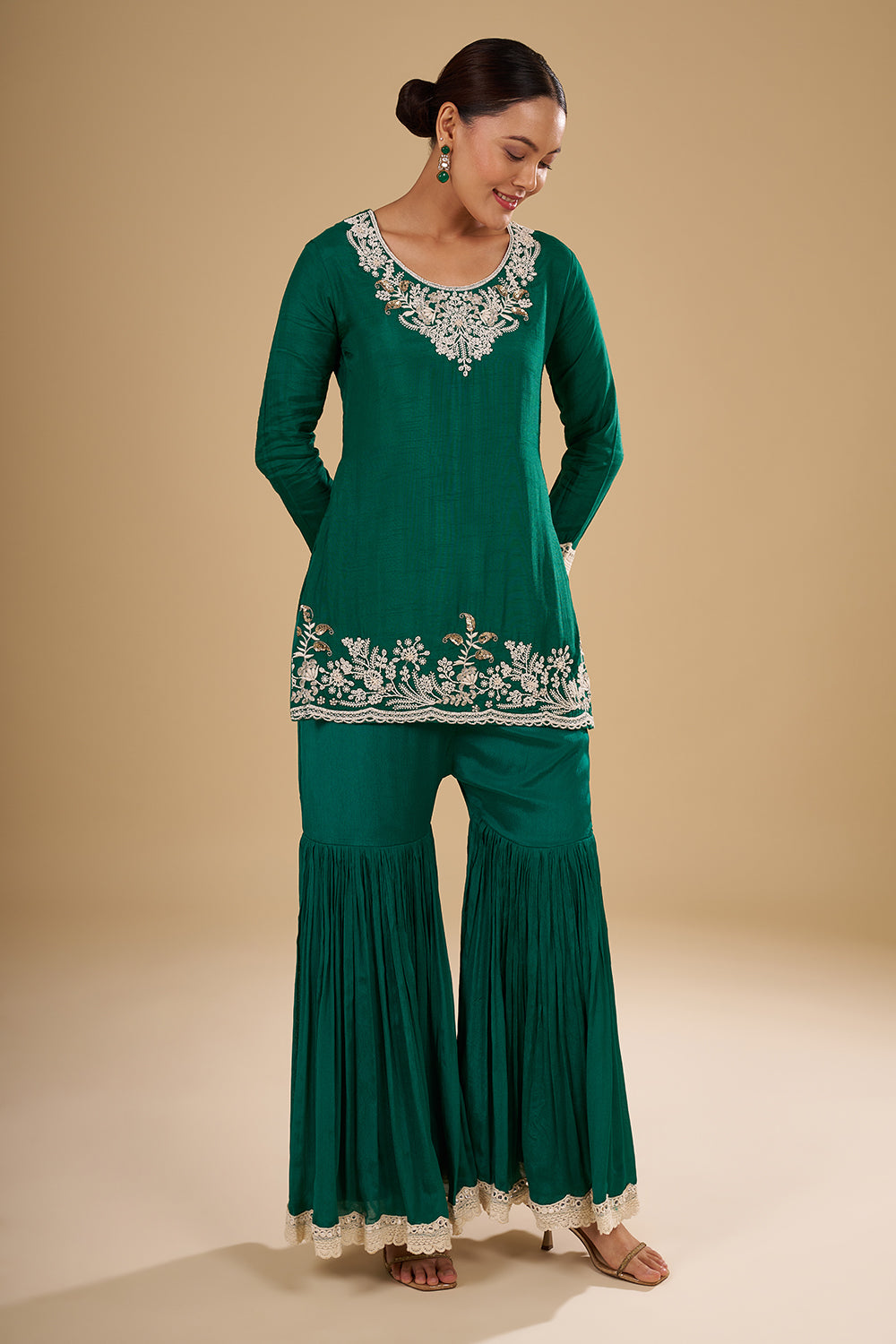 Teal Green Raw Silk Short Kurta with Chinon Garara and Embroidered Organza Cape