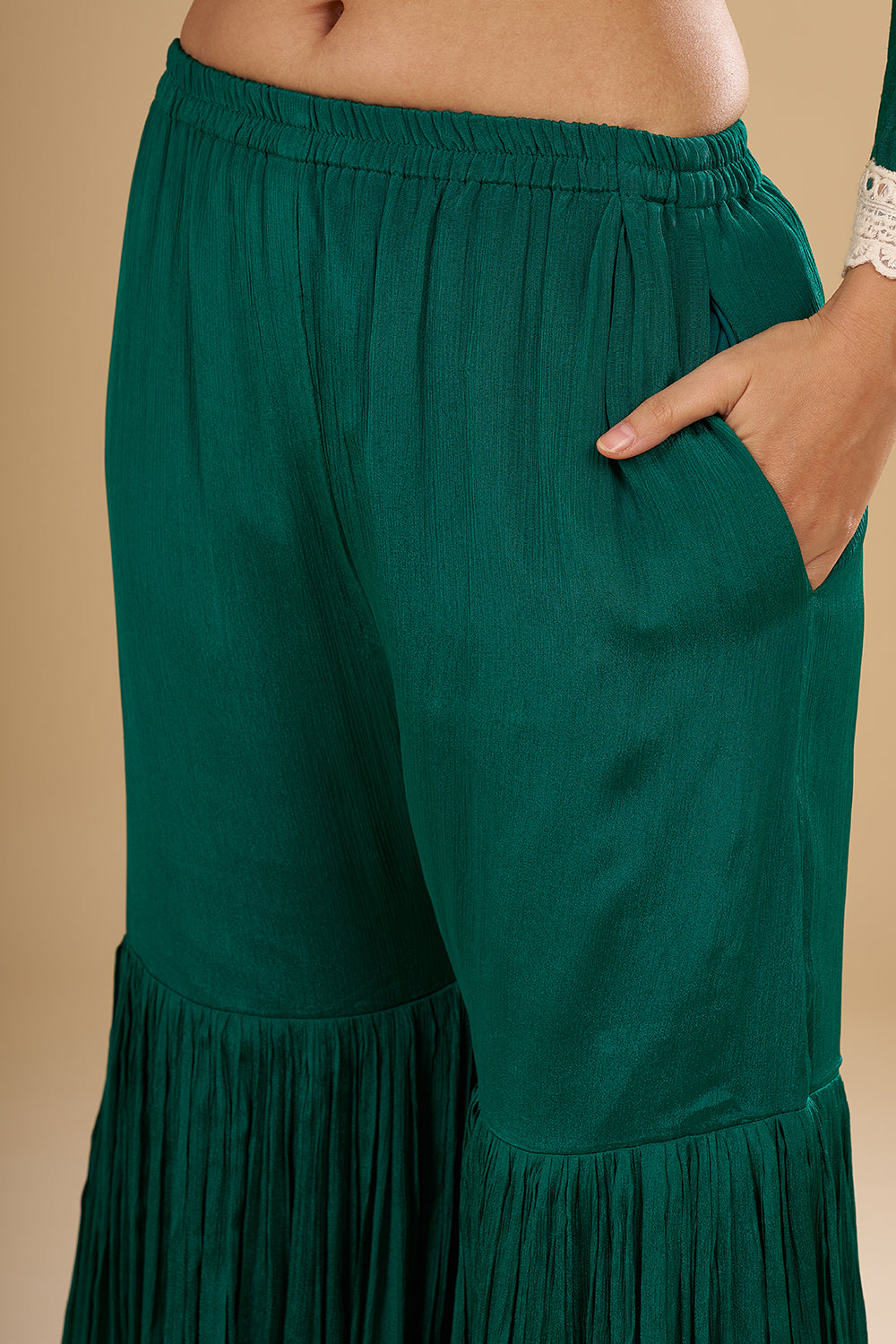 Teal Green Raw Silk Short Kurta with Chinon Garara and Embroidered Organza Cape