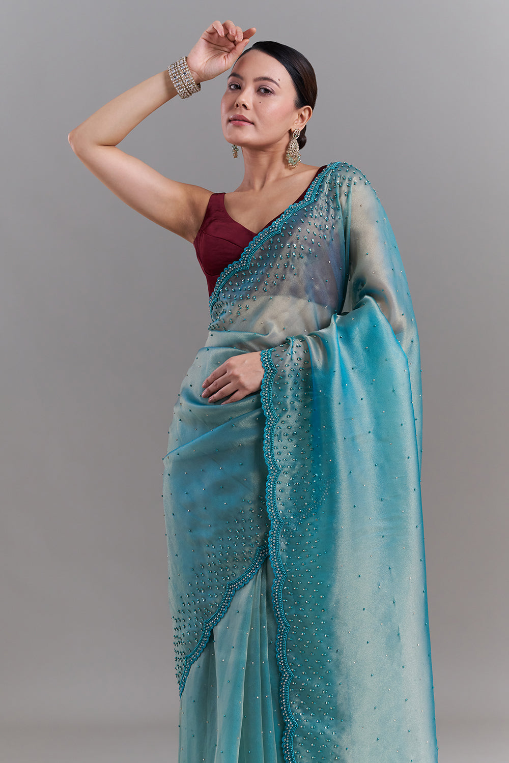Teal Green Shimmer Organza Embellished Saree