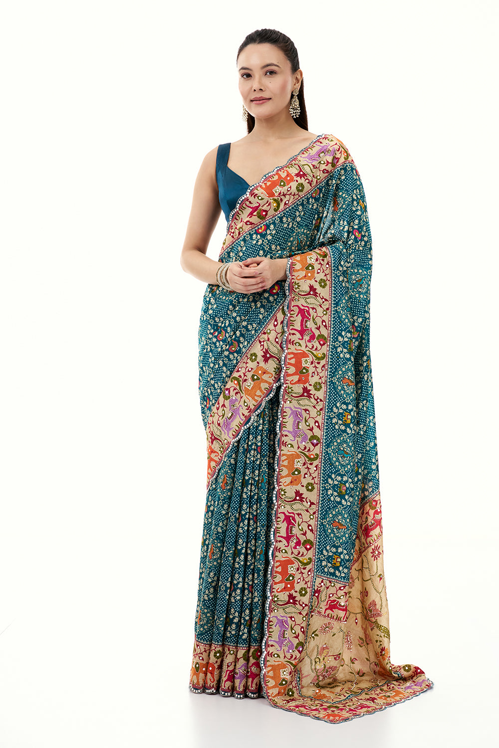 Teal Green Silk Printed Saree with Mirror and Zari Work