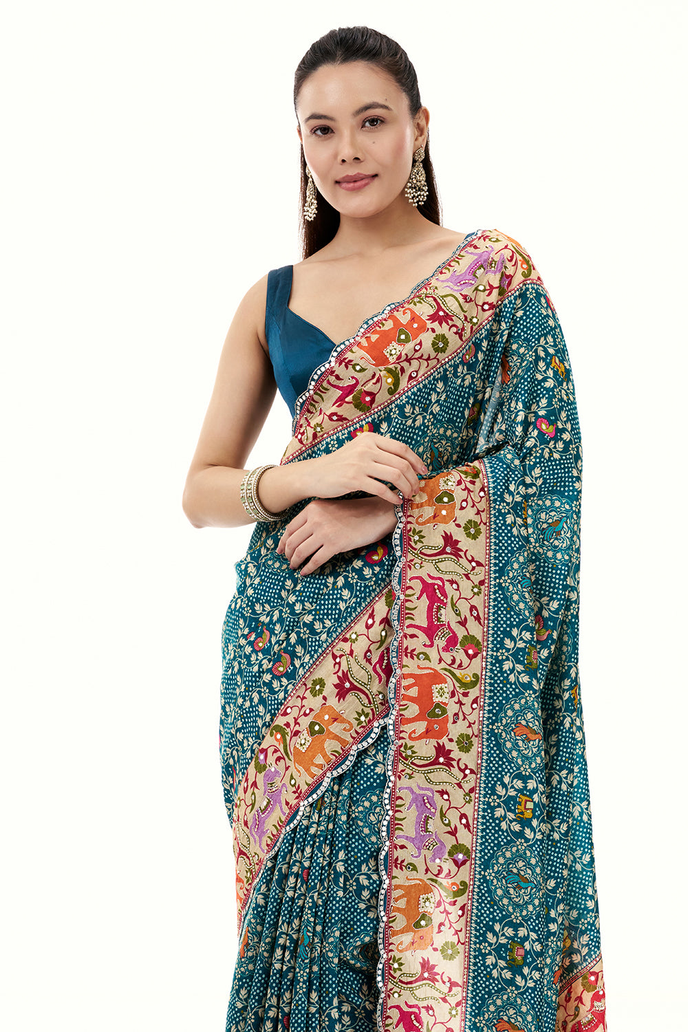 Teal Green Silk Printed Saree with Mirror and Zari Work