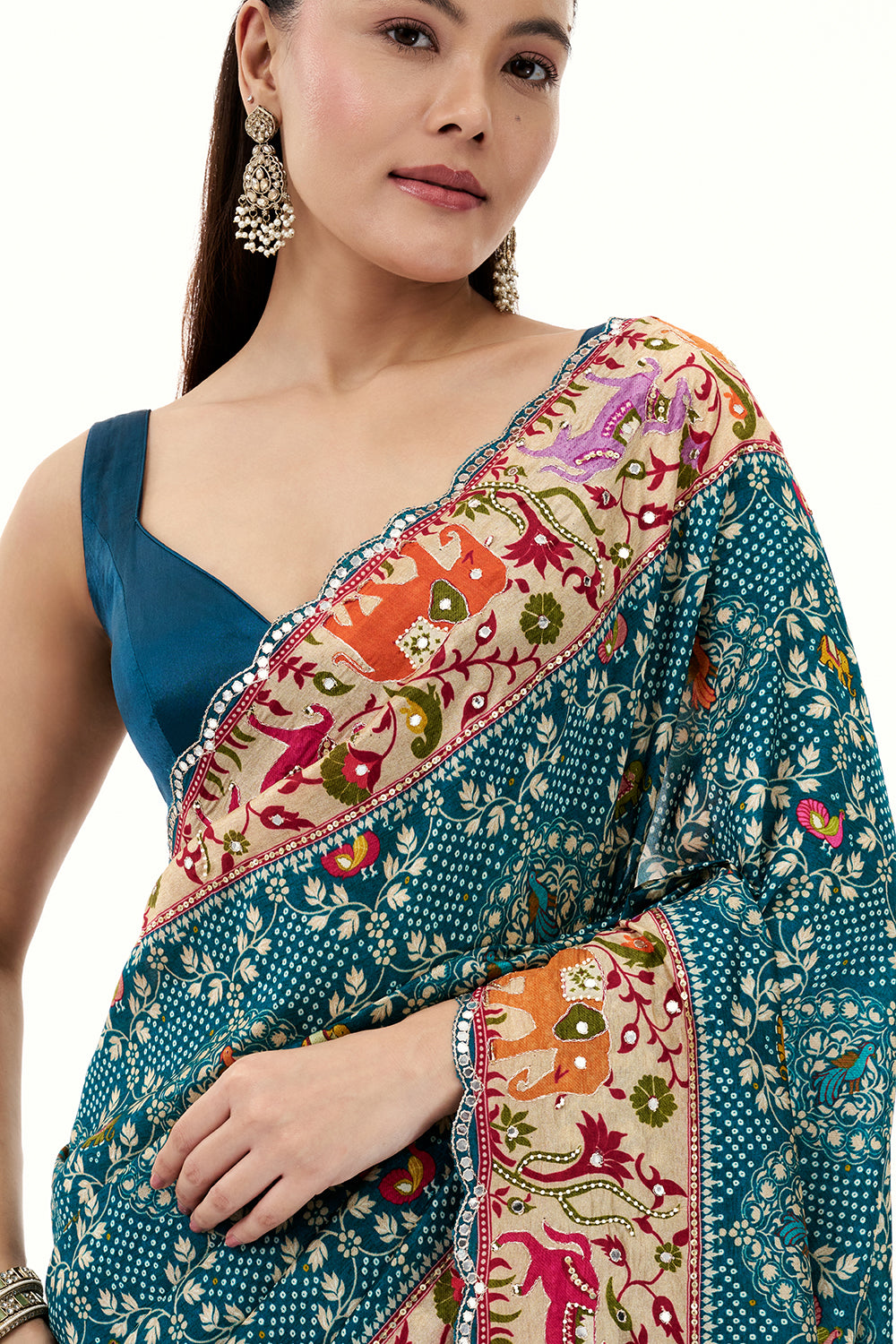 Teal Green Silk Printed Saree with Mirror and Zari Work