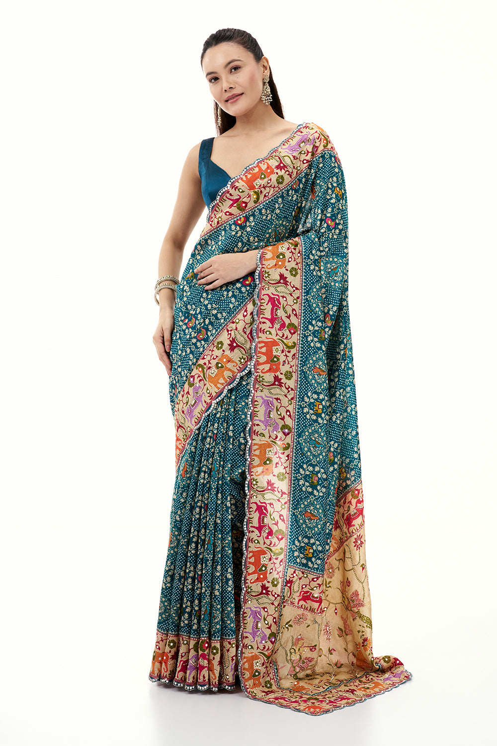Teal Green Silk Printed Saree with Mirror and Zari Work
