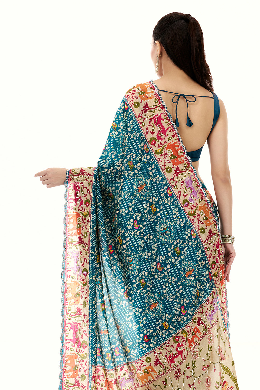 Teal Green Silk Printed Saree with Mirror and Zari Work