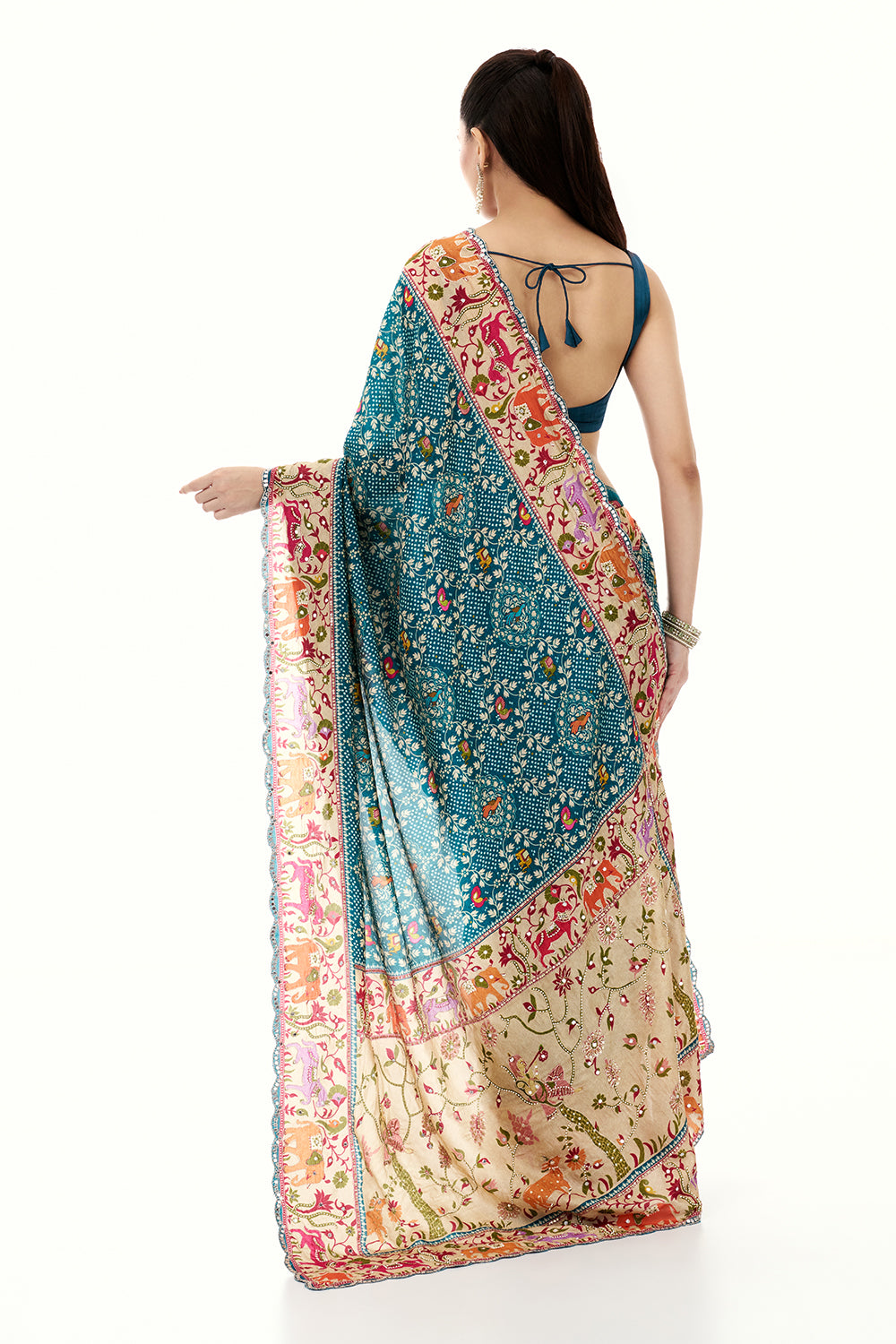Teal Green Silk Printed Saree with Mirror and Zari Work
