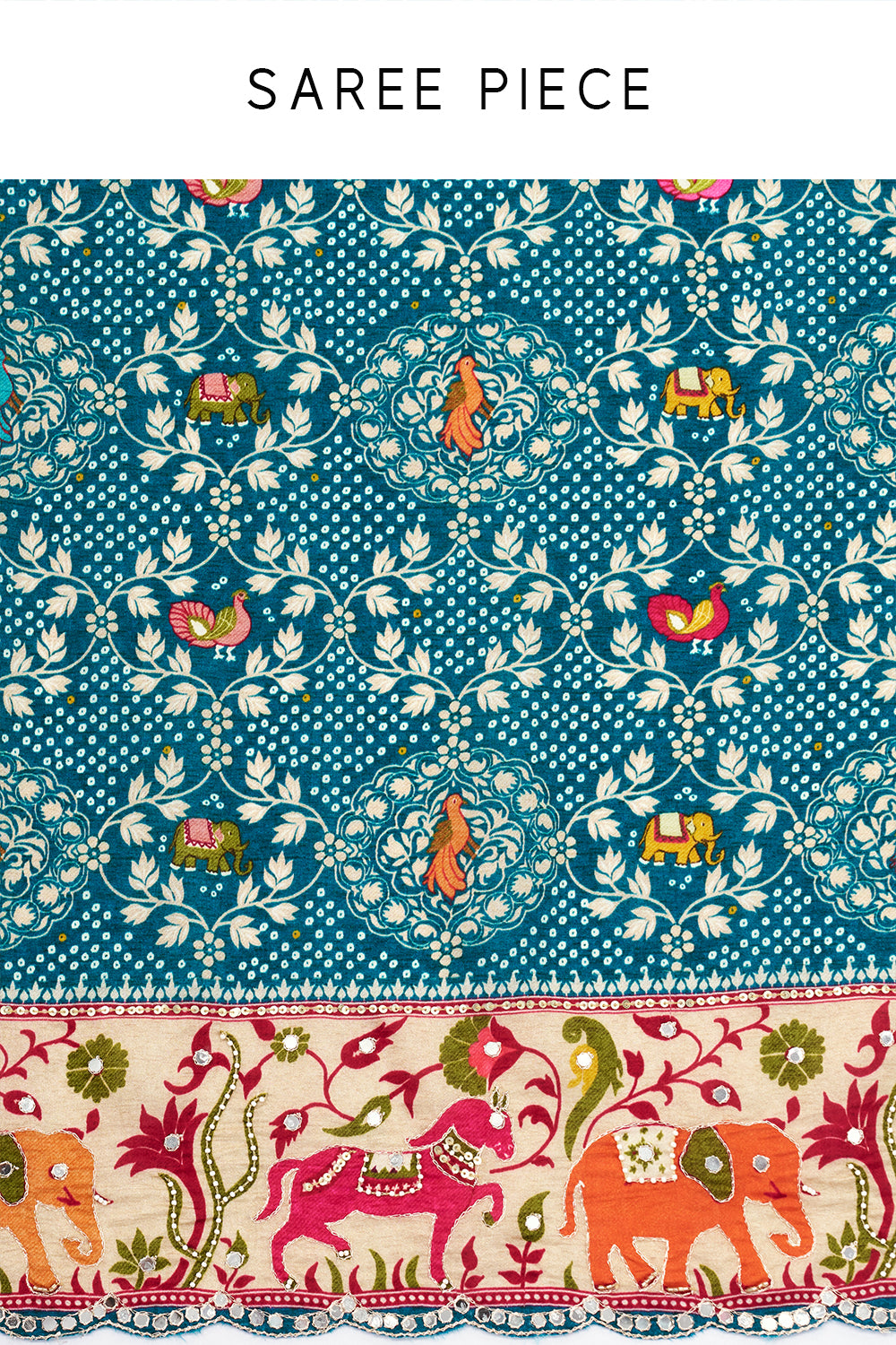 Teal Green Silk Printed Saree with Mirror and Zari Work