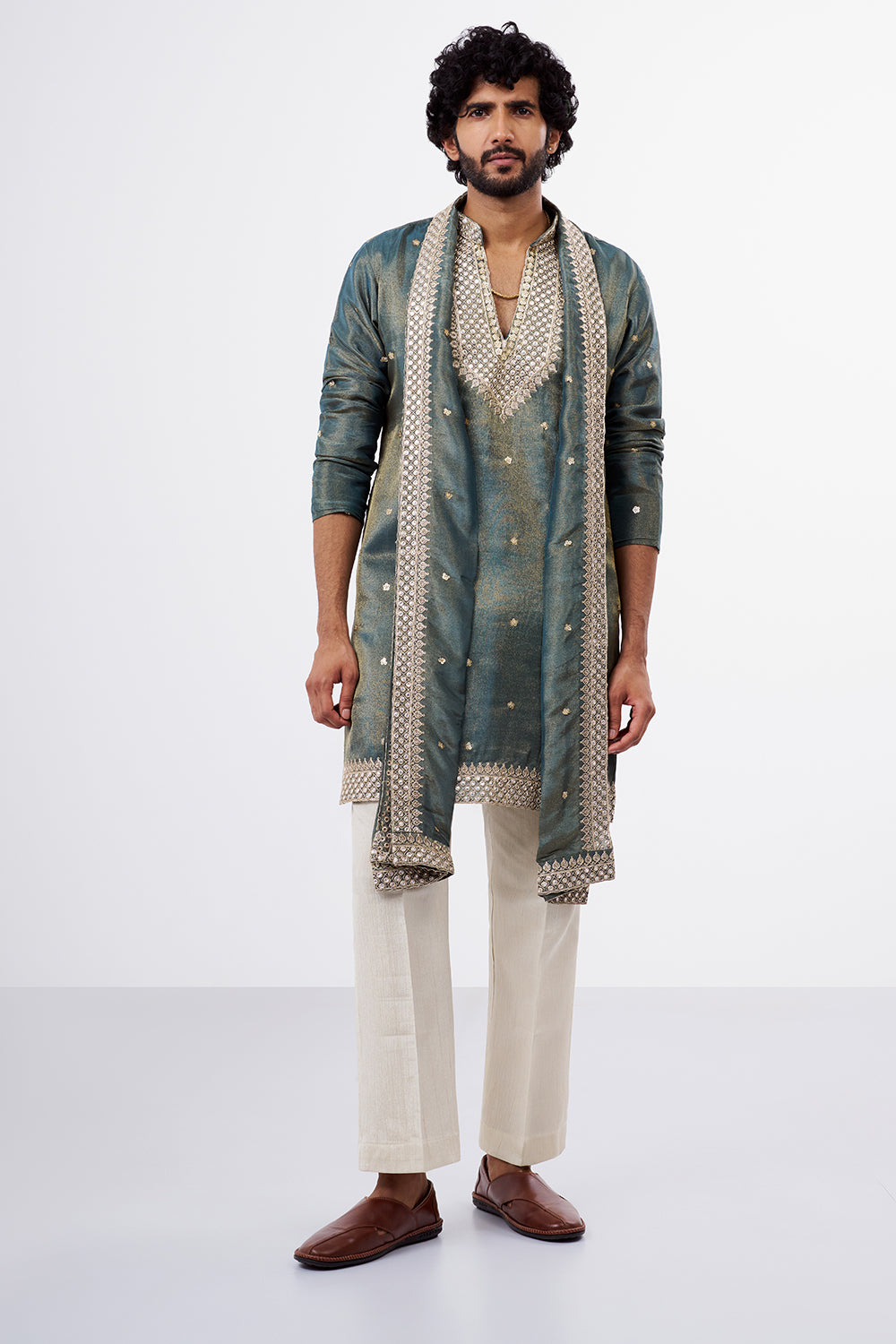Teal Green Tissue Silk Men's Kurta Set with Zari Work