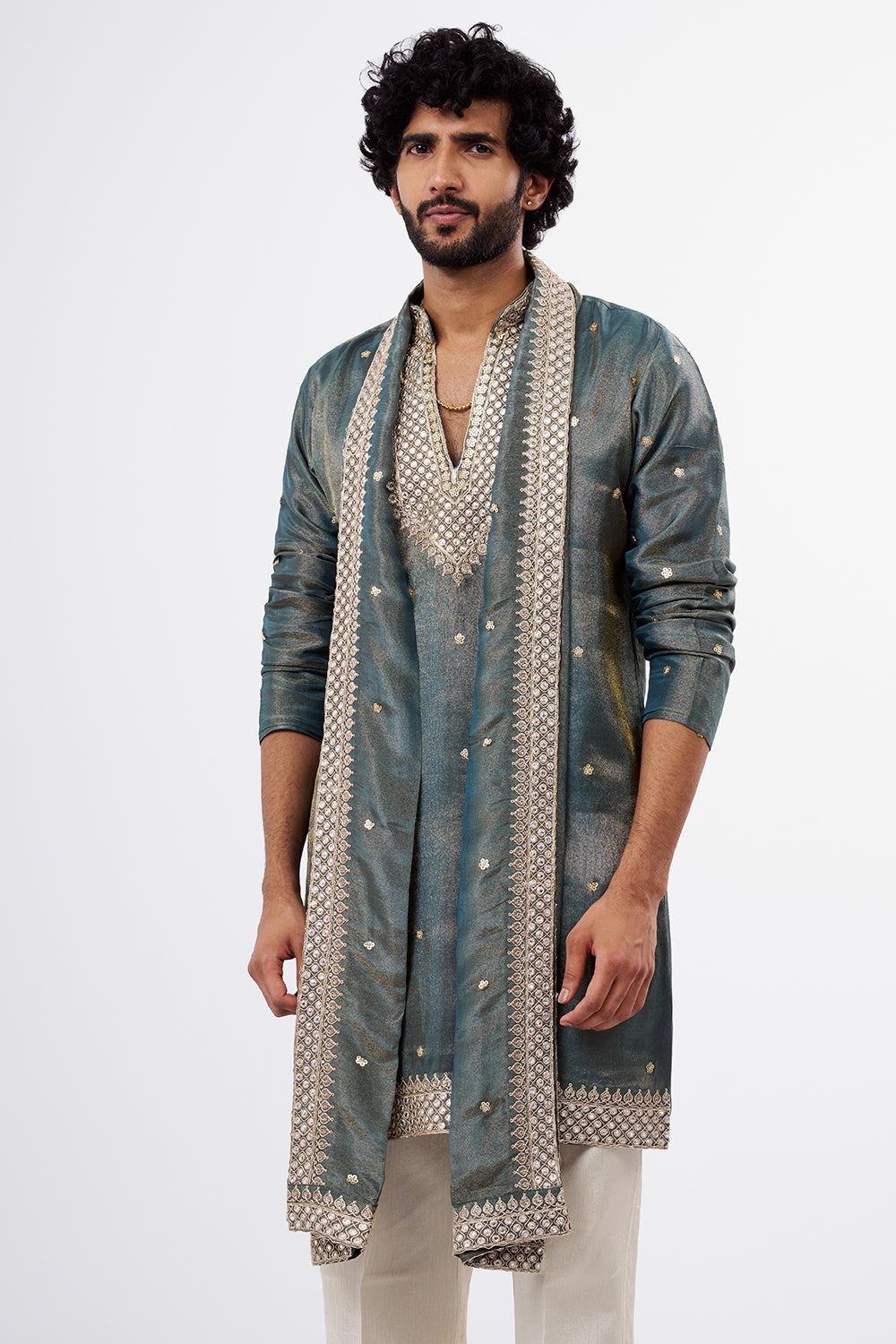 Teal Green Tissue Silk Men's Kurta Set with Zari Work