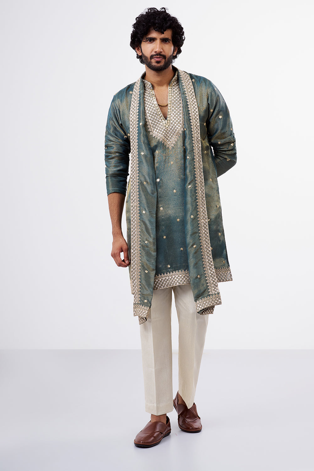 Teal Green Tissue Silk Men's Kurta Set with Zari Work