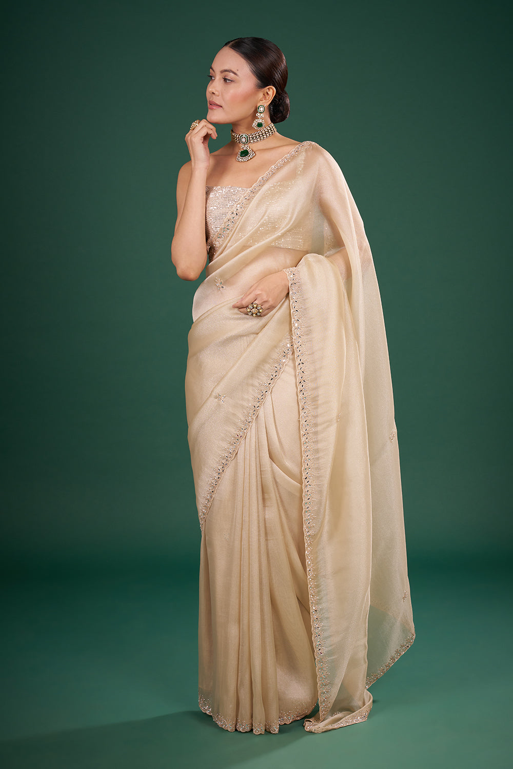 Ivory Gold Organza Saree with Stone Embellishments and Unstitched Blouse
