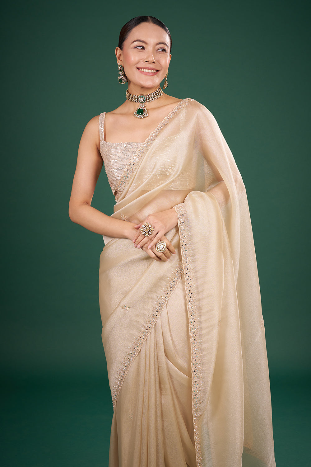 Ivory Gold Organza Saree with Stone Embellishments and Unstitched Blouse