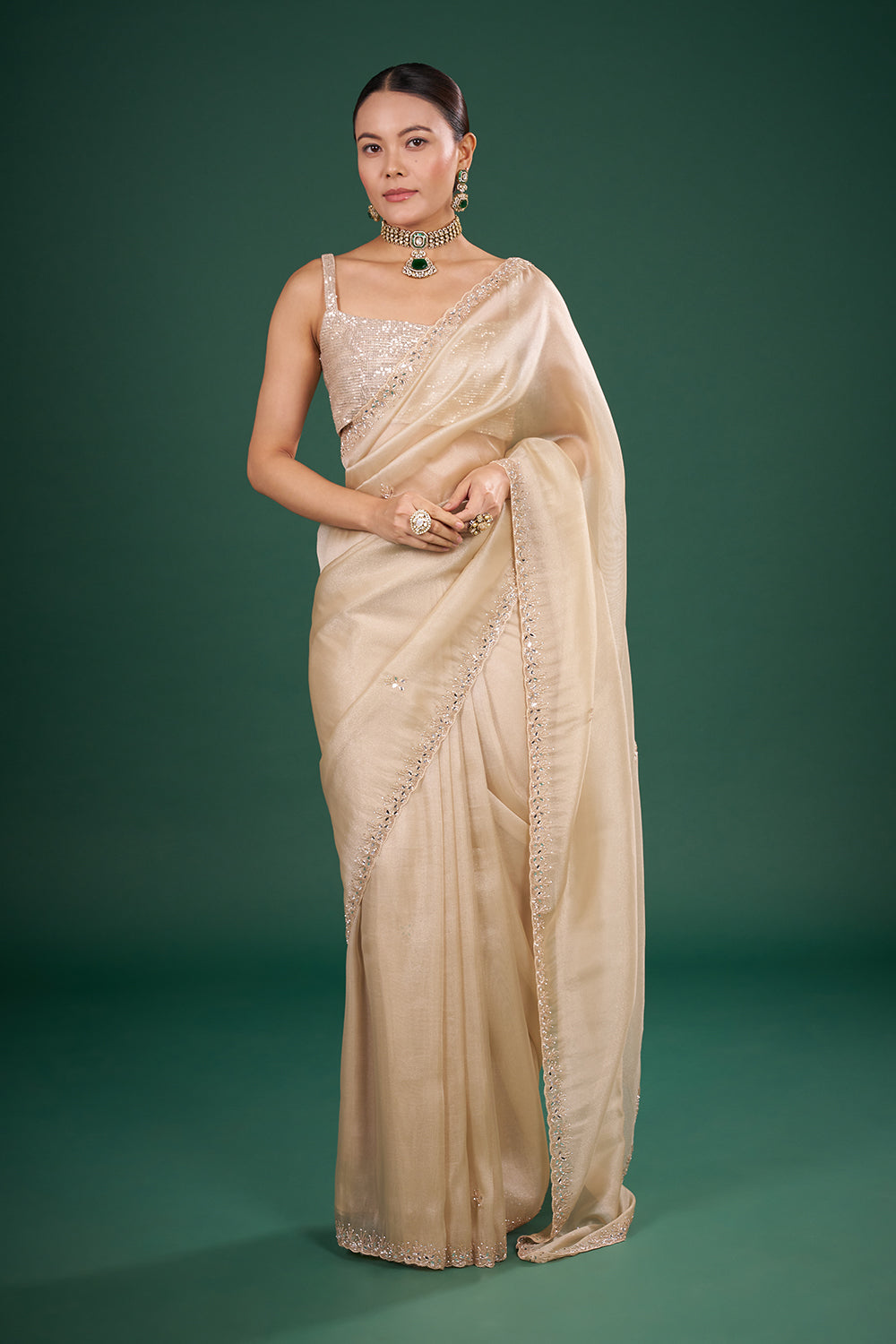 Ivory Gold Organza Saree with Stone Embellishments and Unstitched Blouse