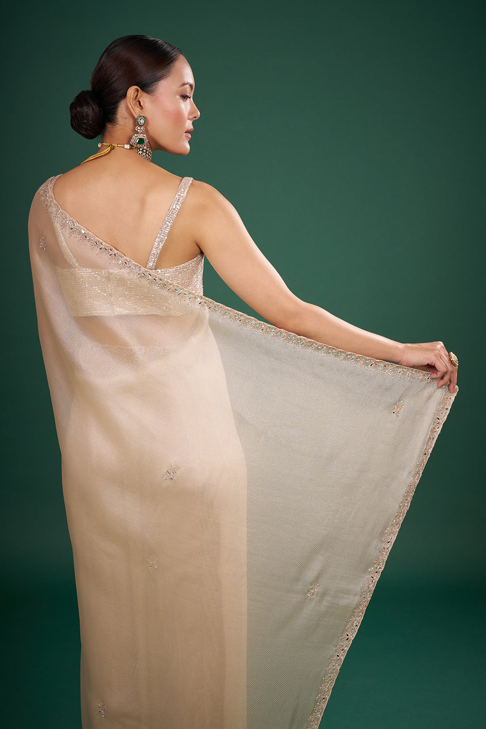Ivory Gold Organza Saree with Stone Embellishments and Unstitched Blouse
