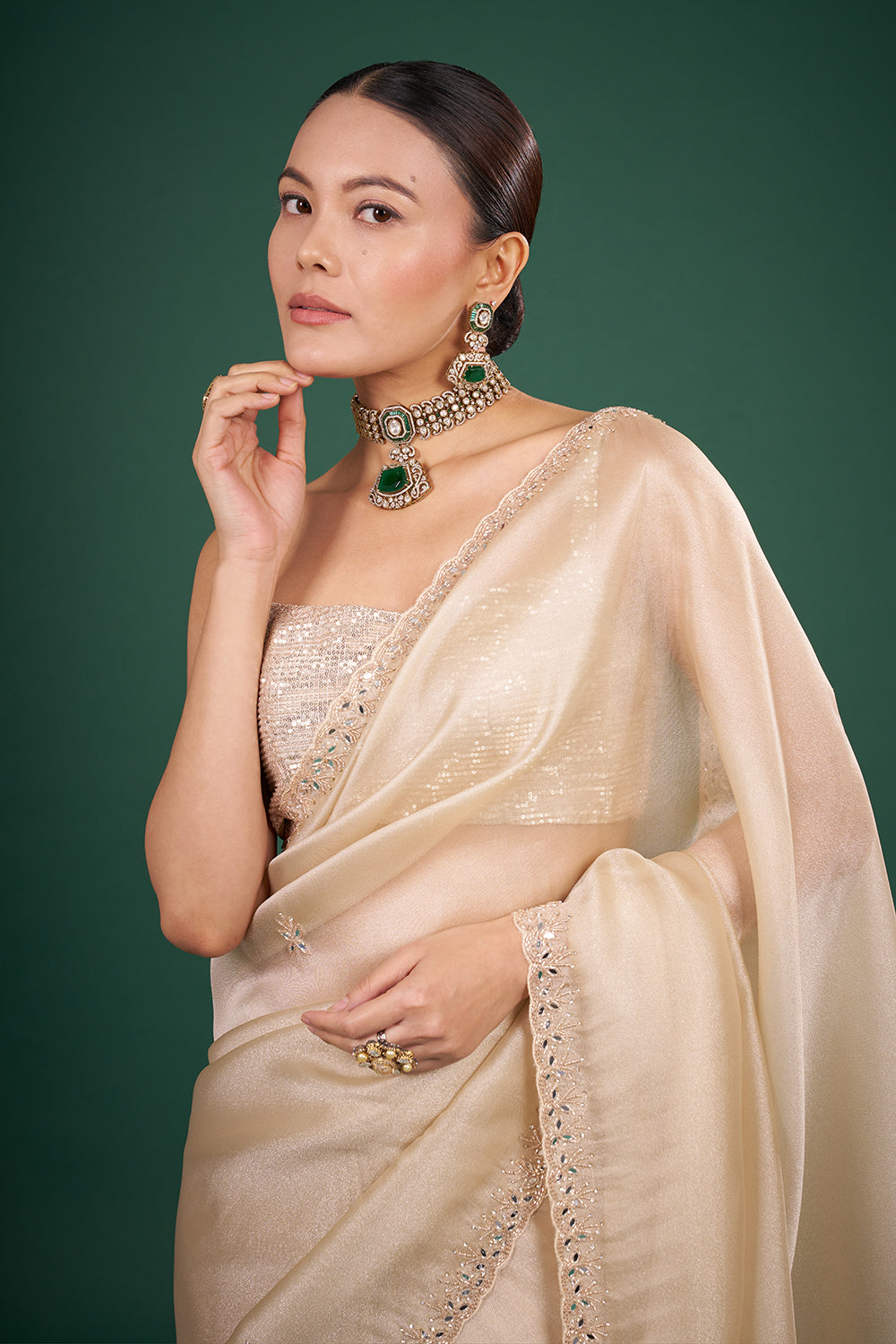 Ivory Gold Organza Saree with Stone Embellishments and Unstitched Blouse