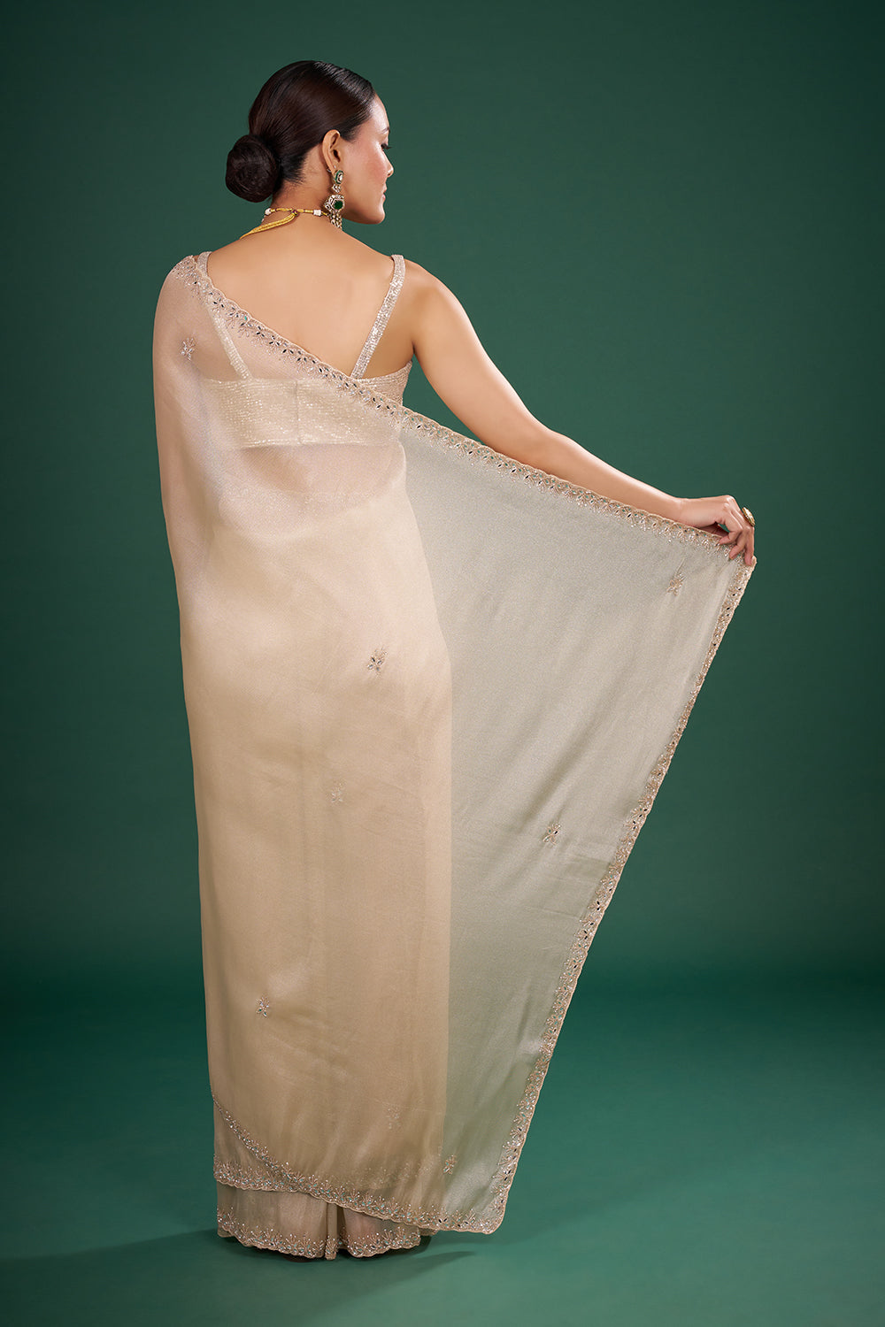 Ivory Gold Organza Saree with Stone Embellishments and Unstitched Blouse