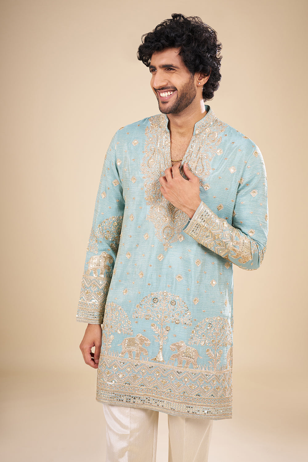 Turquoise Blue Silk Kurta Set with Nature-Inspired Embroidery