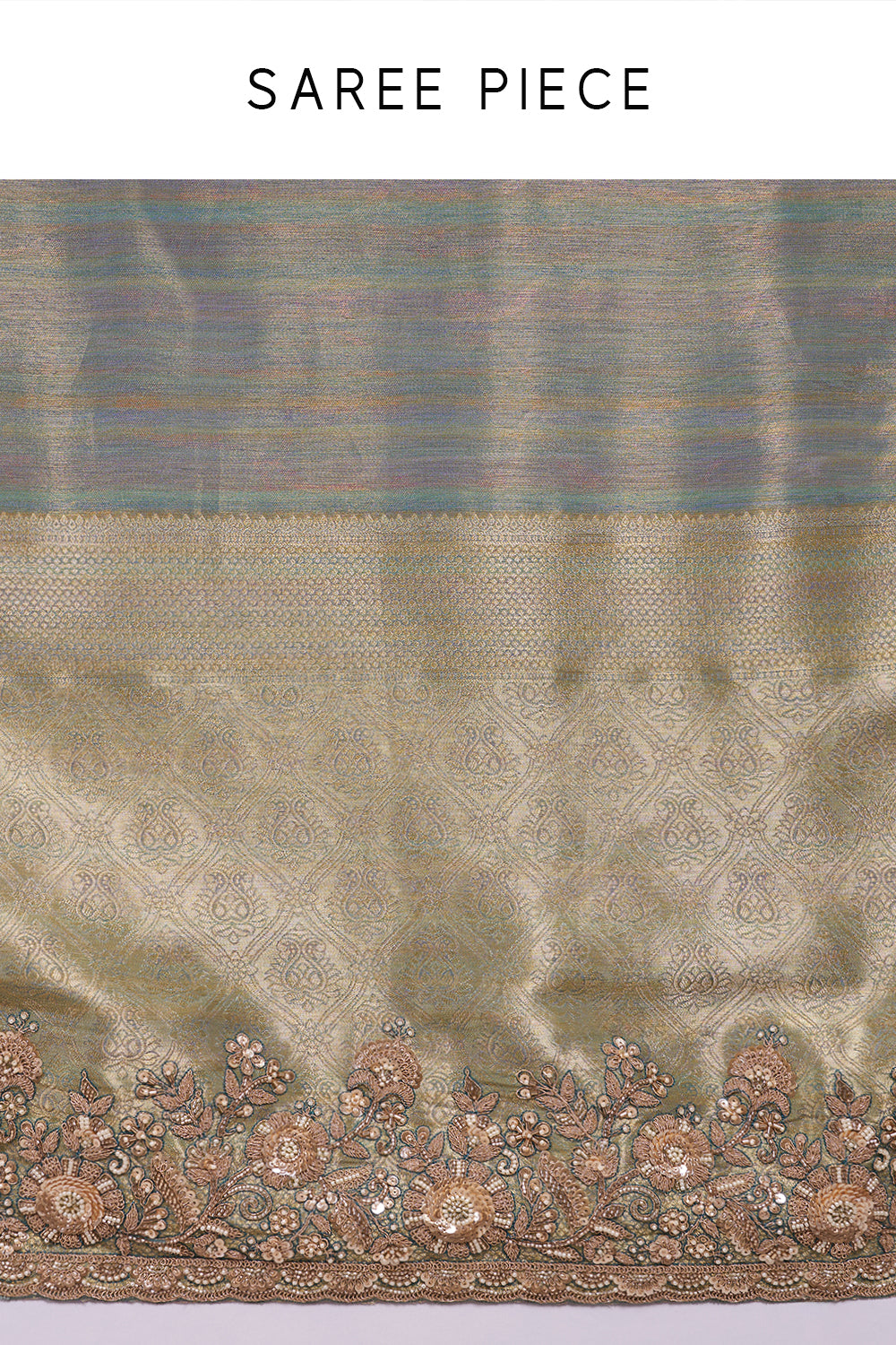 Teal Tissue Silk Saree with Bead Detailing and Unstitched Blouse