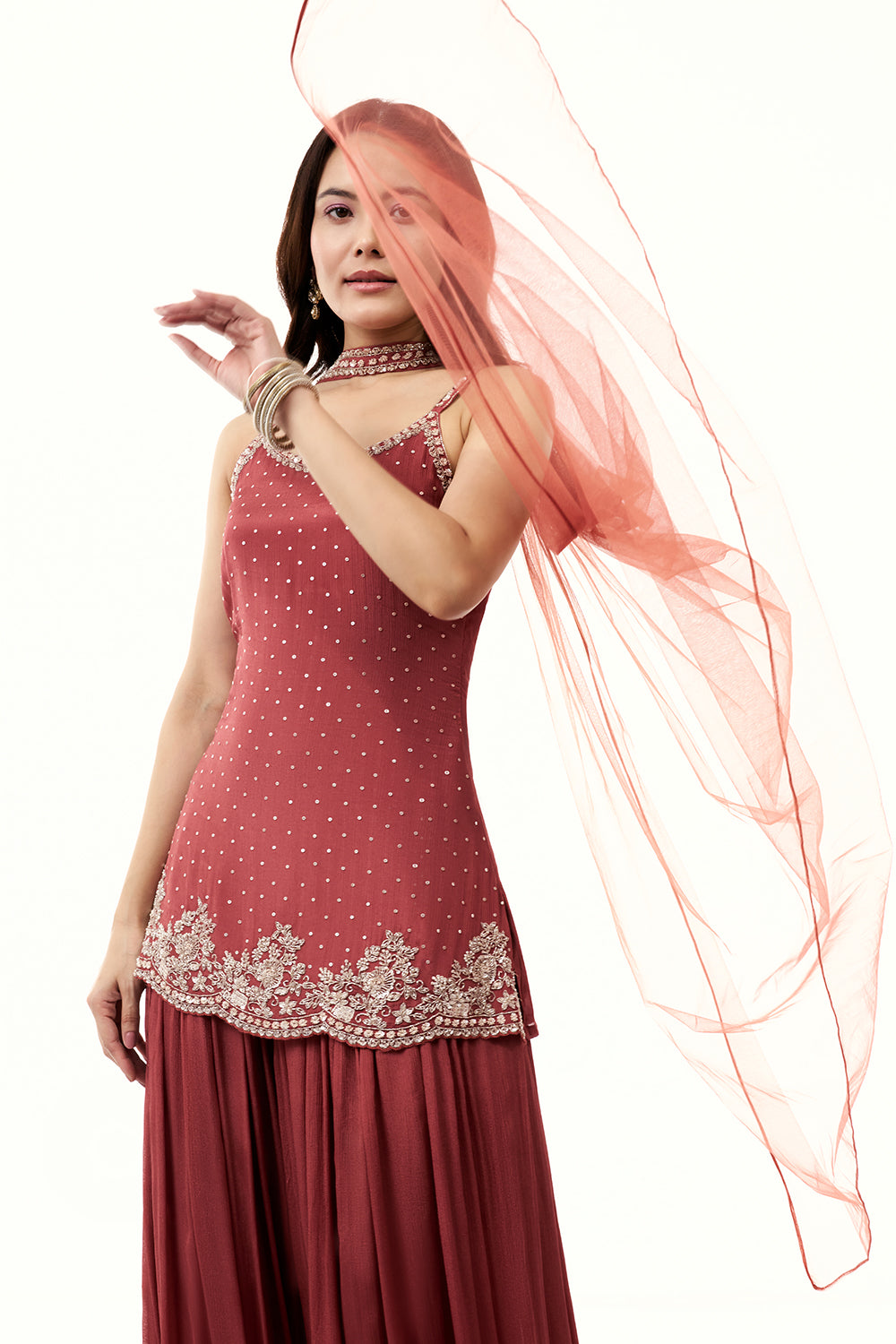 Terracotta Brown Chinon Palazzo Set with Sequin Work
