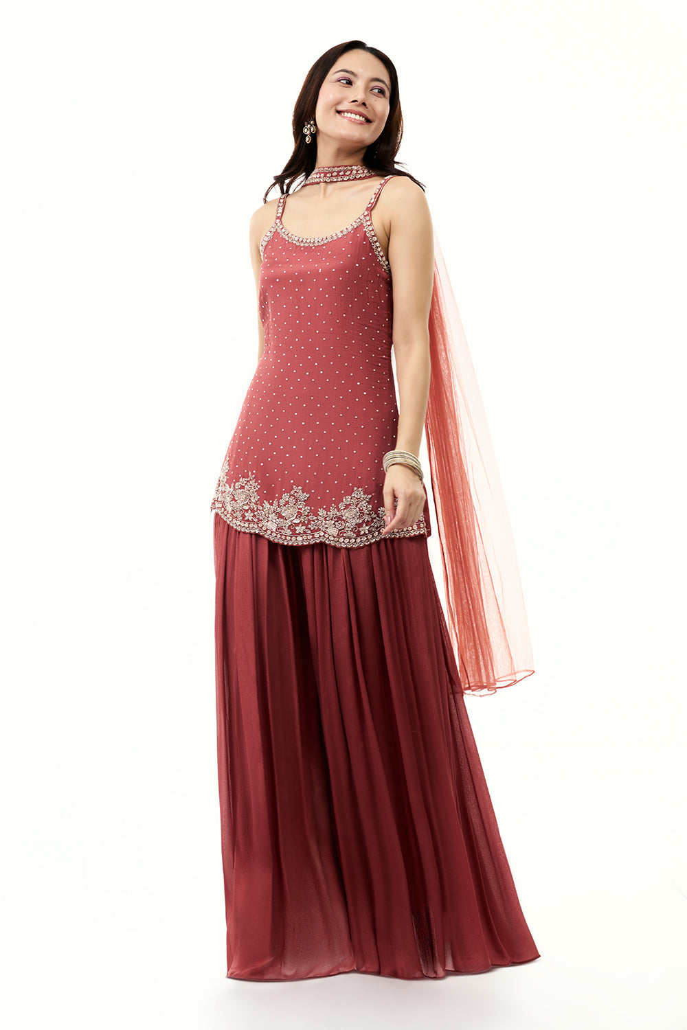 Terracotta Brown Chinon Palazzo Set with Sequin Work