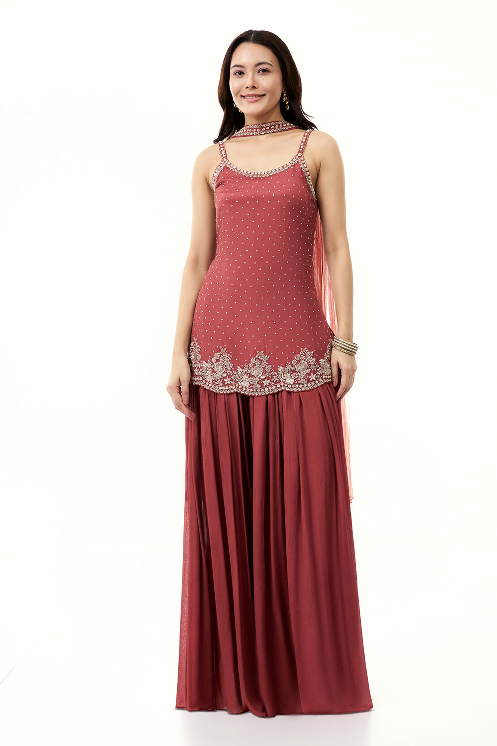 Terracotta Brown Chinon Palazzo Set with Sequin Work