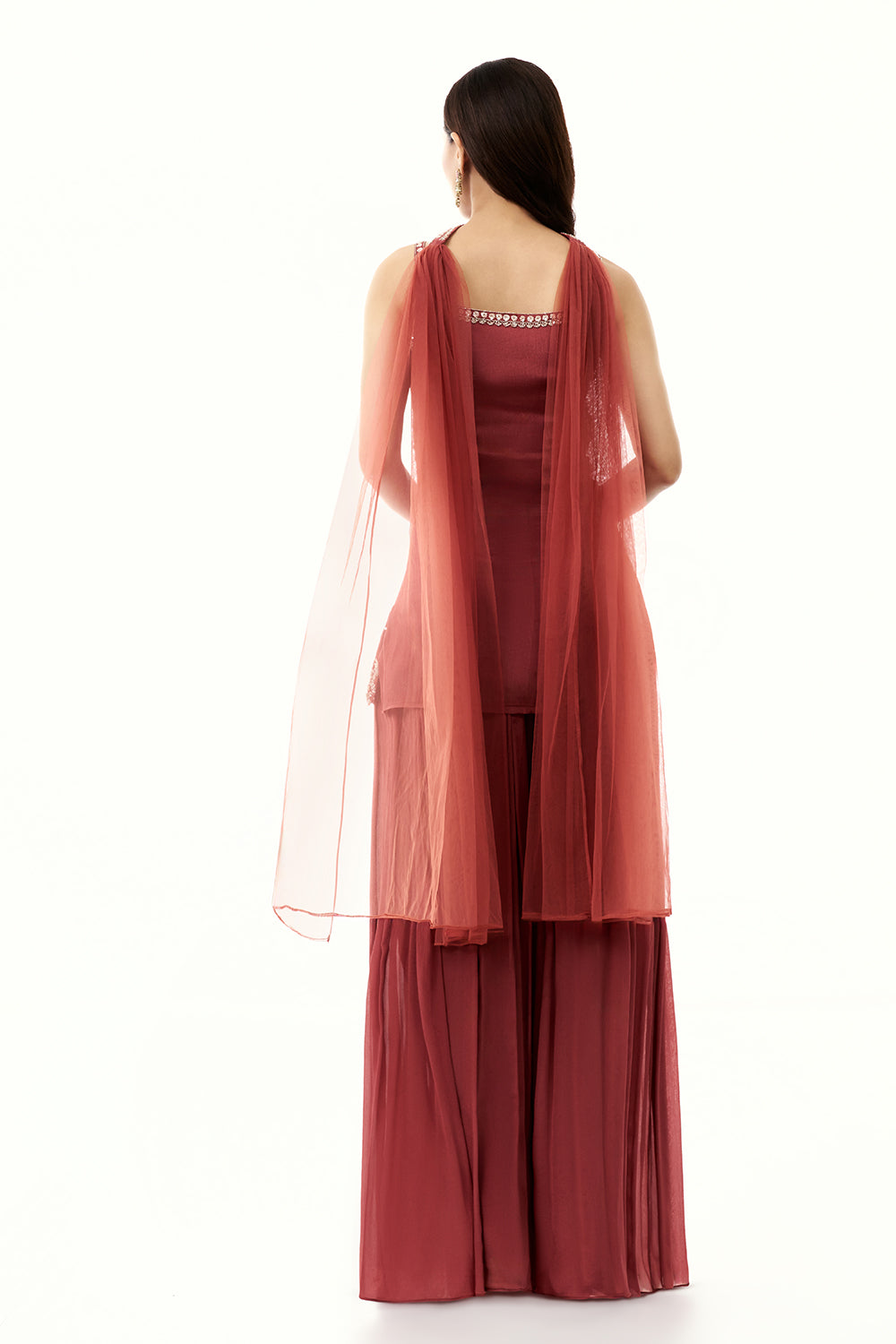 Terracotta Brown Chinon Palazzo Set with Sequin Work