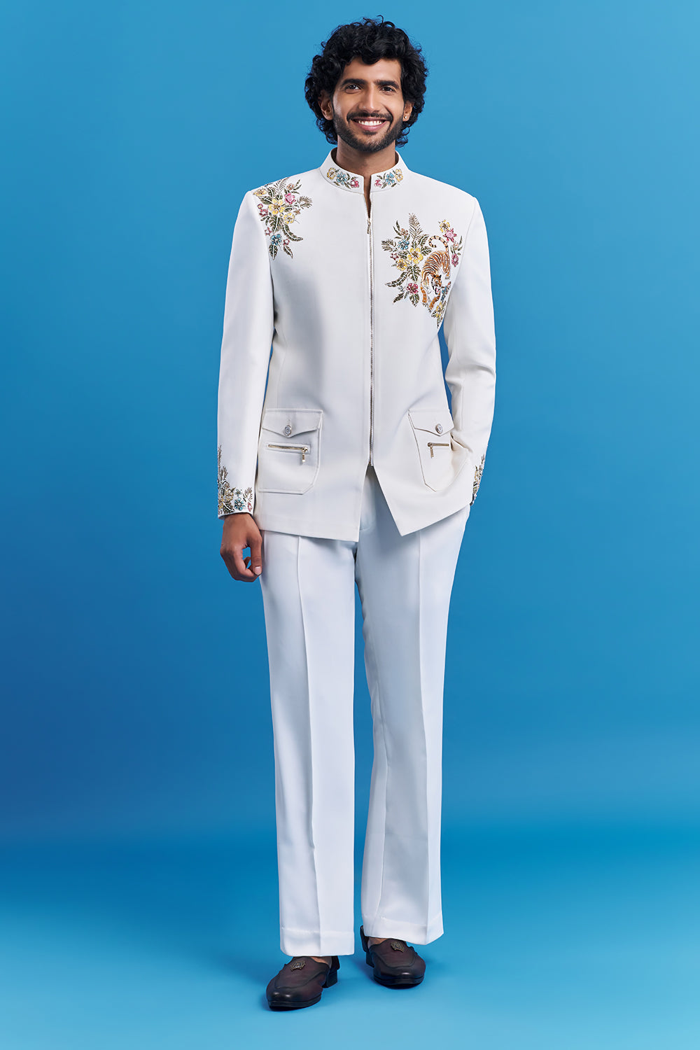 Tiger Motif White Embroidered Bandhgala Suit