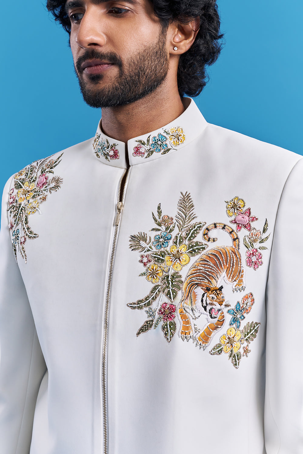 Tiger Motif White Embroidered Bandhgala Suit