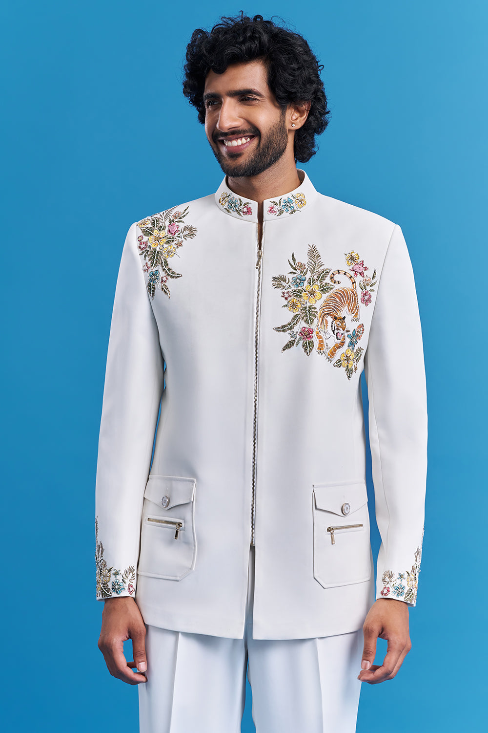 Tiger Motif White Embroidered Bandhgala Suit