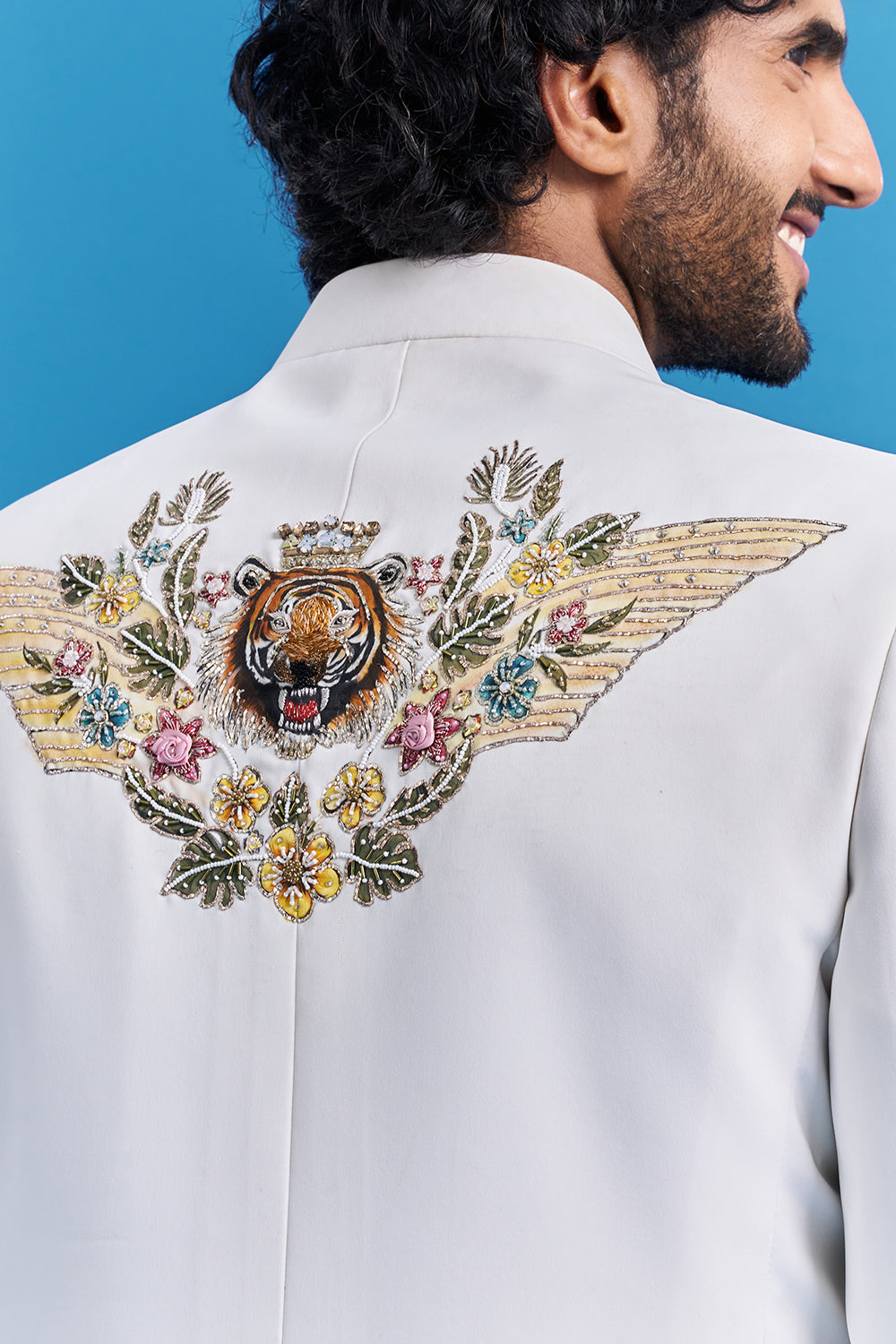 Tiger Motif White Embroidered Bandhgala Suit