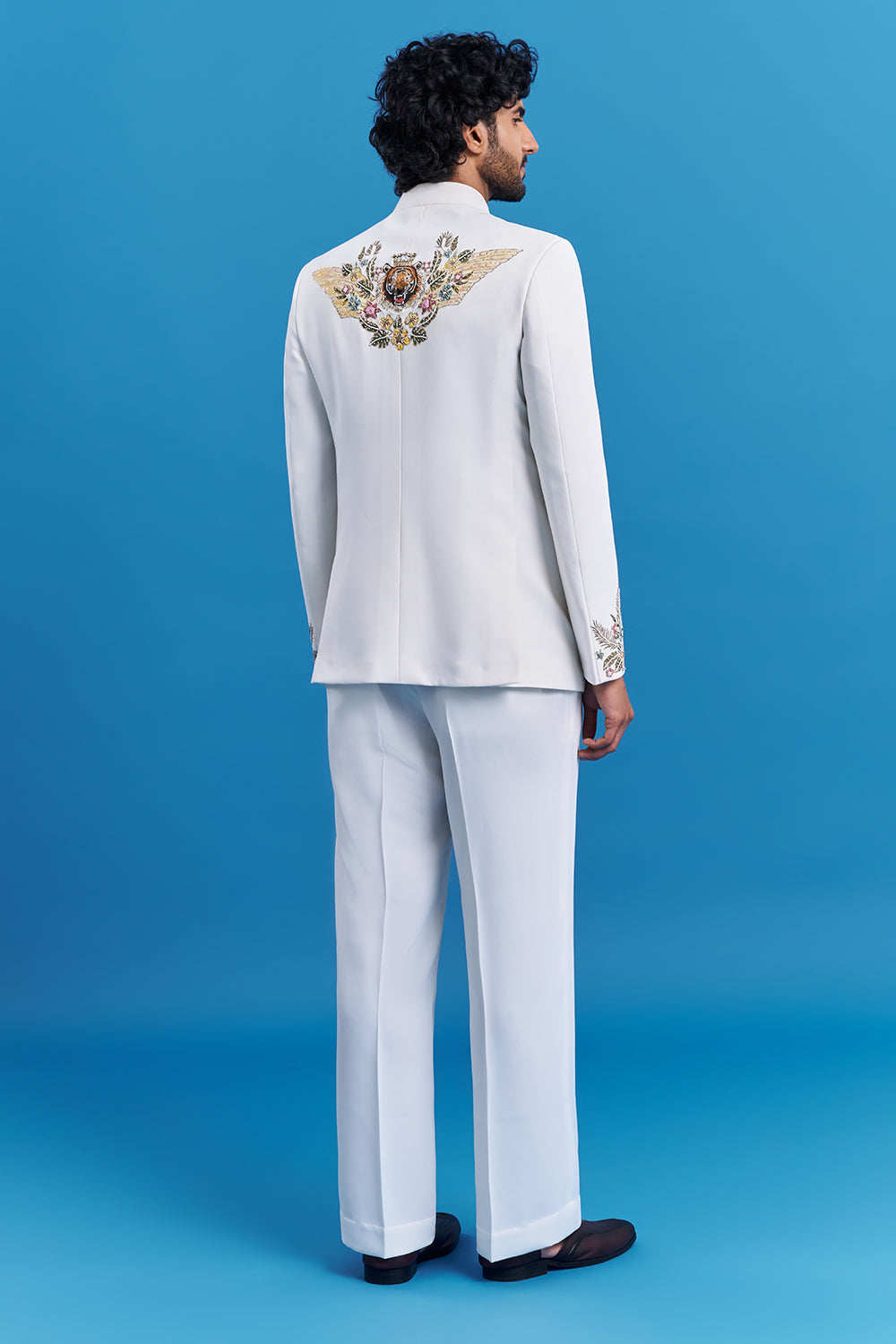 Tiger Motif White Embroidered Bandhgala Suit