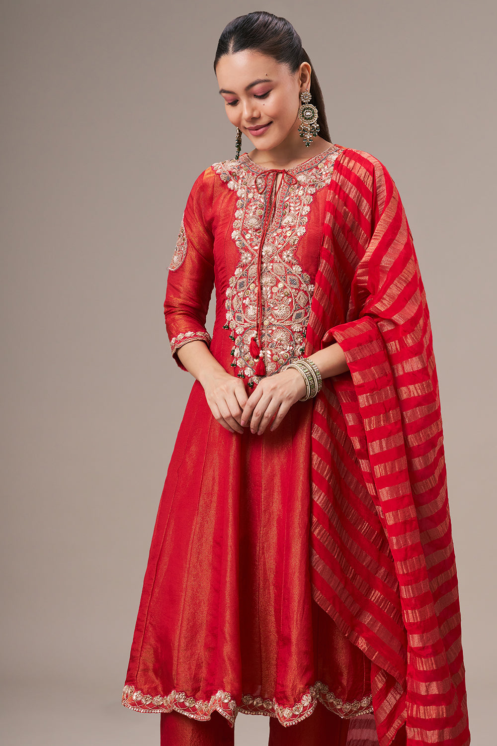 Tomato Red Chinon Sharara Suit with Resham and Cutdana Work