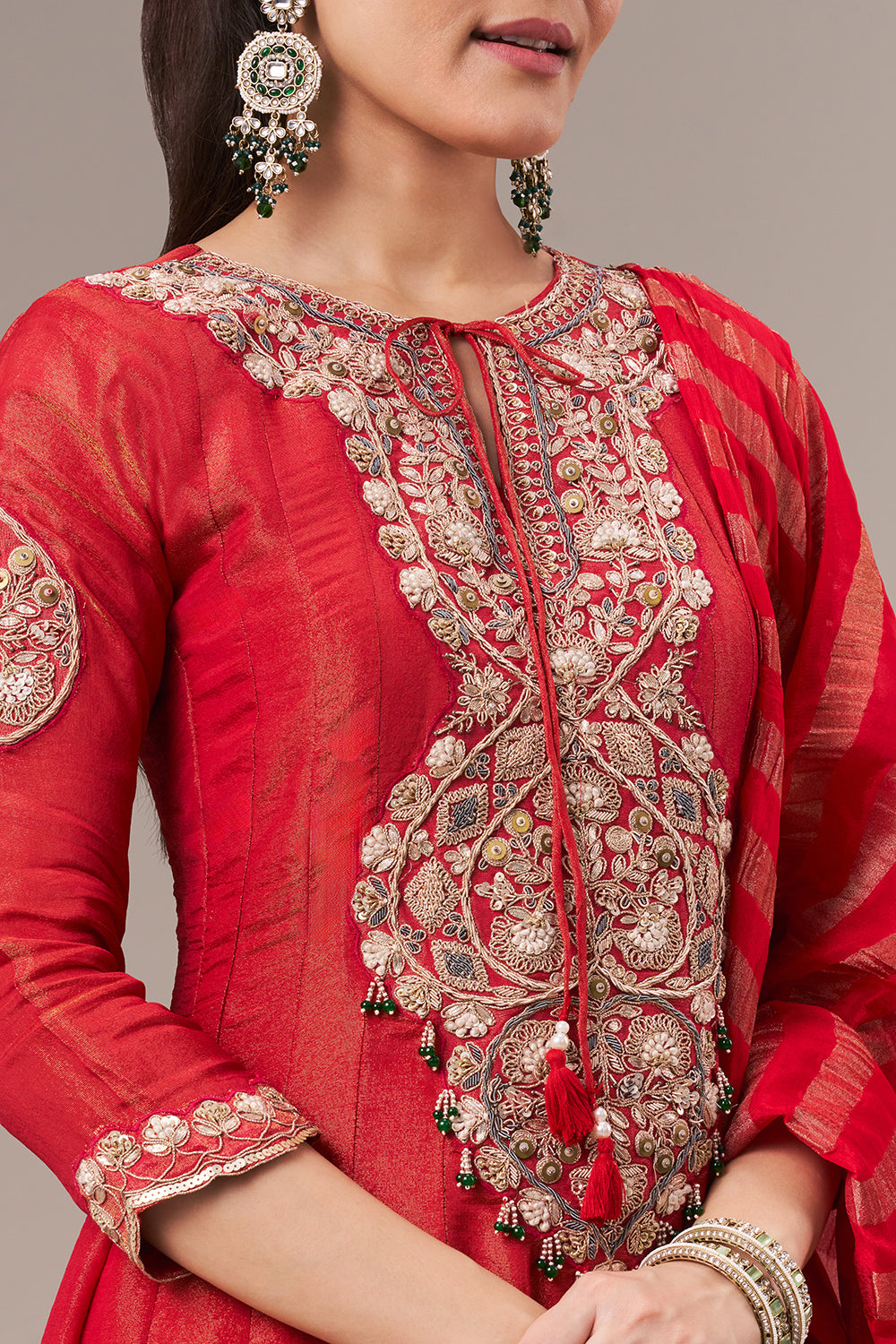 Tomato Red Chinon Sharara Suit with Resham and Cutdana Work