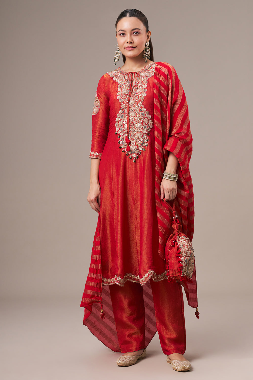 Tomato Red Chinon Sharara Suit with Resham and Cutdana Work