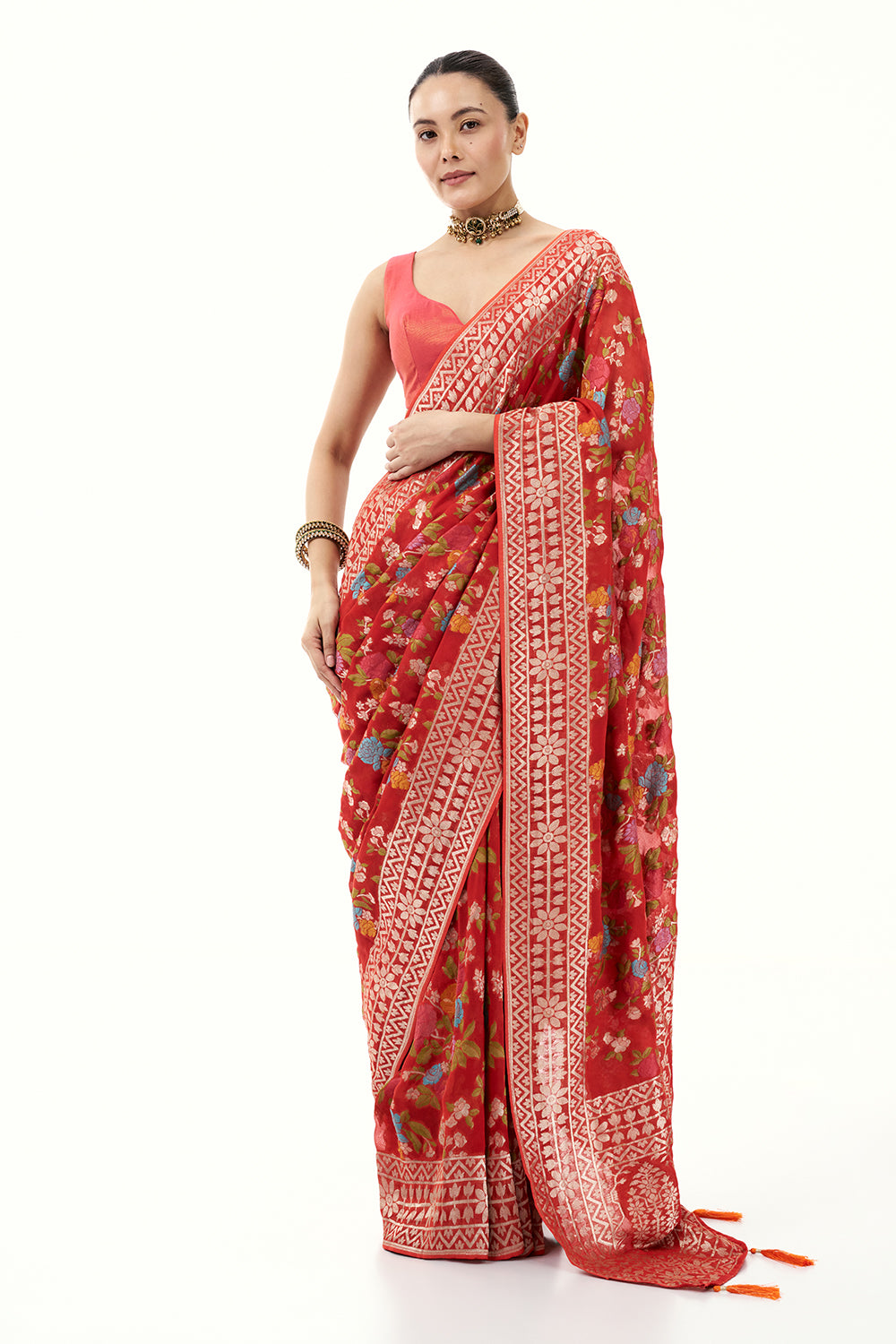 Tomato Red Khadi Georgette Woven Saree with Floral Designs