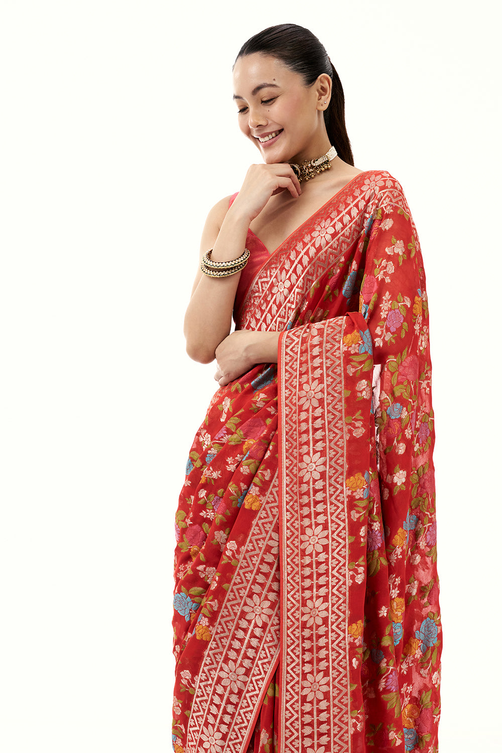 Tomato Red Khadi Georgette Woven Saree with Floral Designs