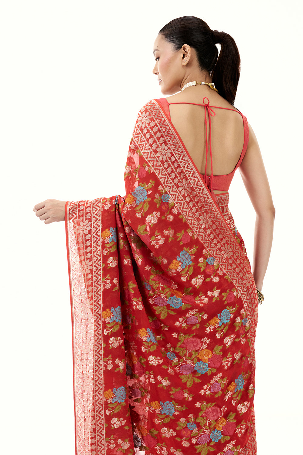 Tomato Red Khadi Georgette Woven Saree with Floral Designs